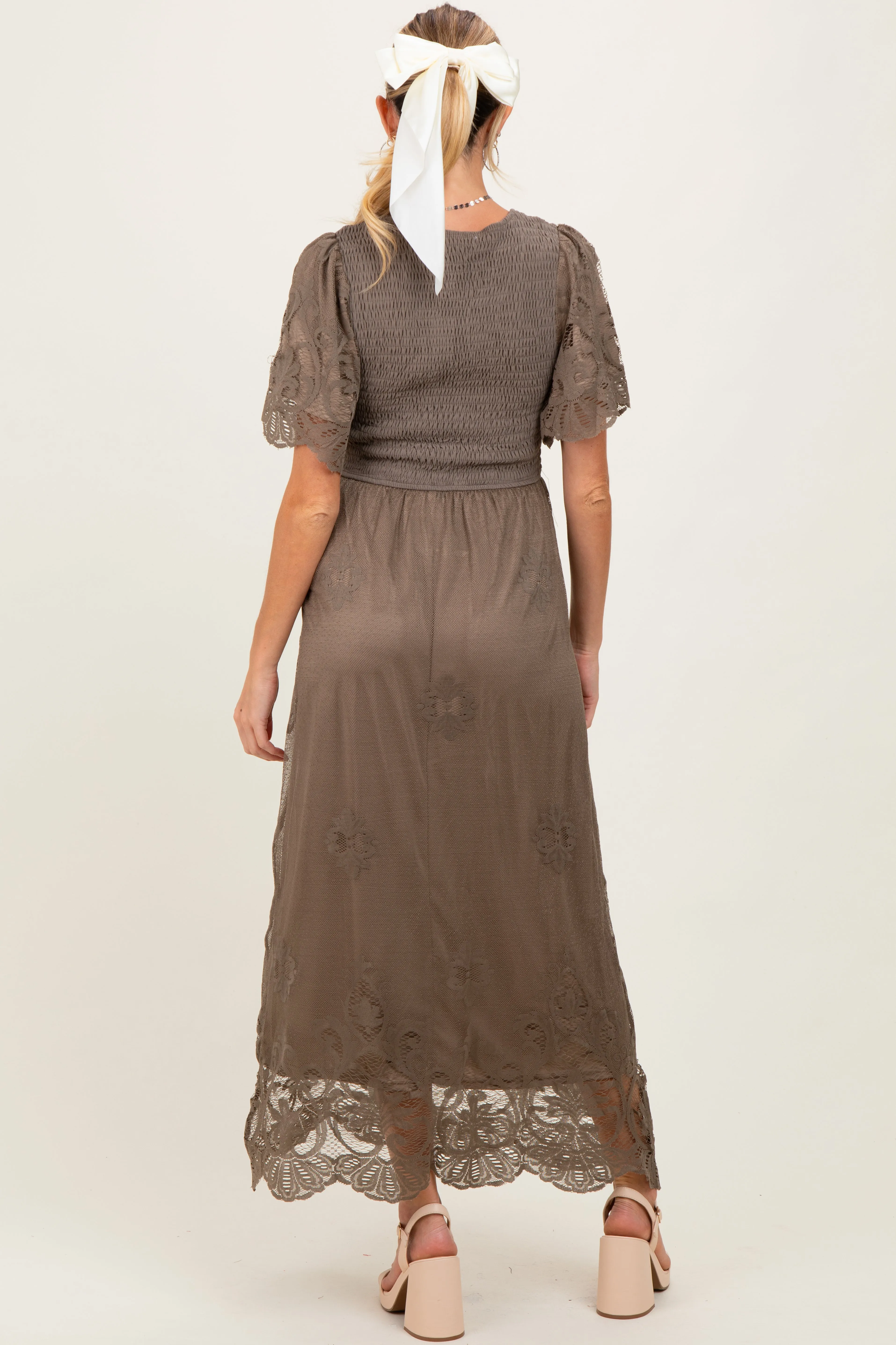 Olive Smocked Lace Detail Maternity Midi Dress sold by Pinkblush product image thumbnail 3