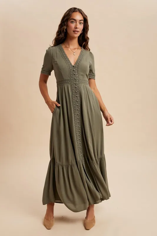 Olive Lace Trim Button Down Maxi Dress sold by Pinkblush
