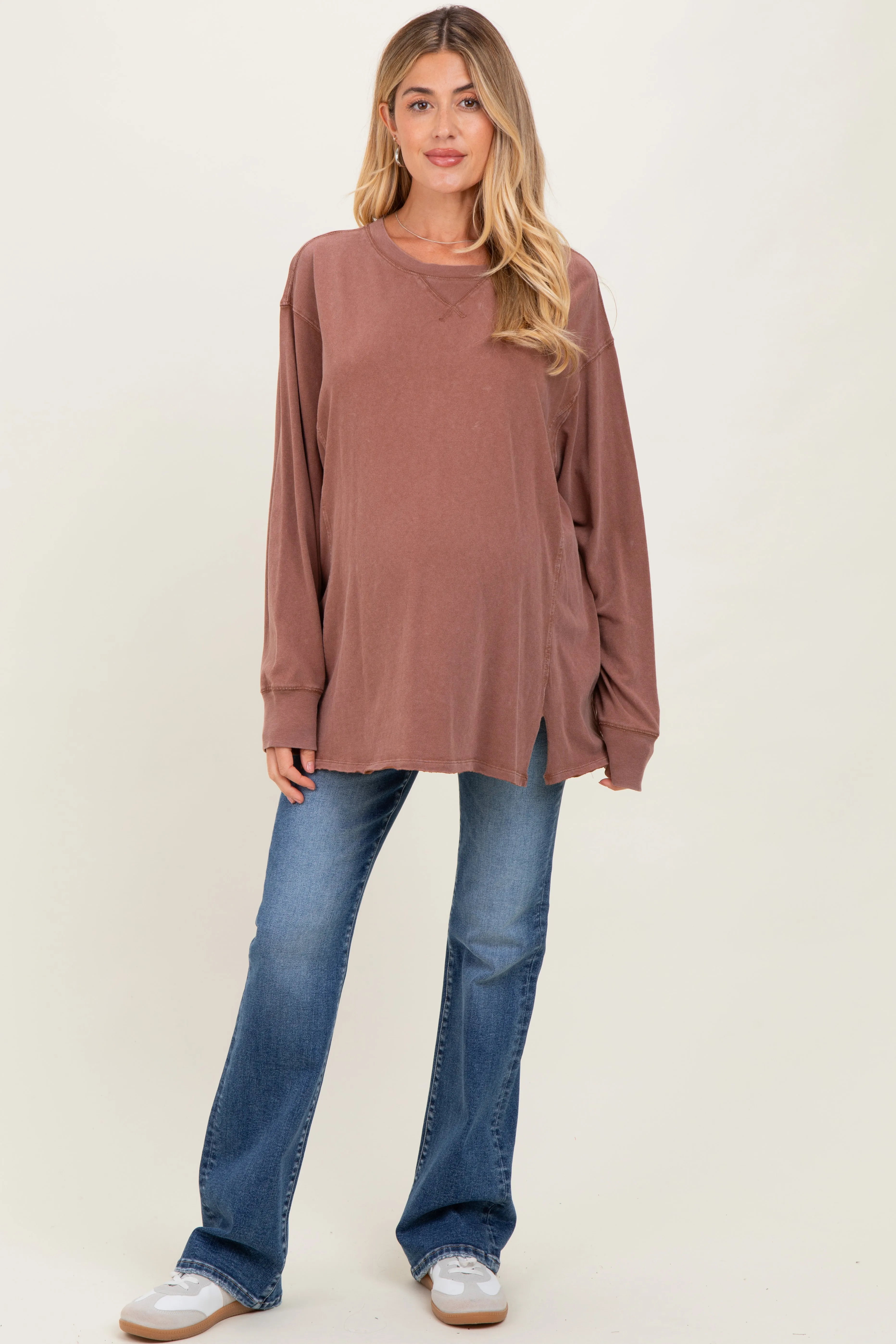 Camel Mineral Washed Drop Shoulder Long Sleeve Maternity Top sold by Pinkblush product image thumbnail 3