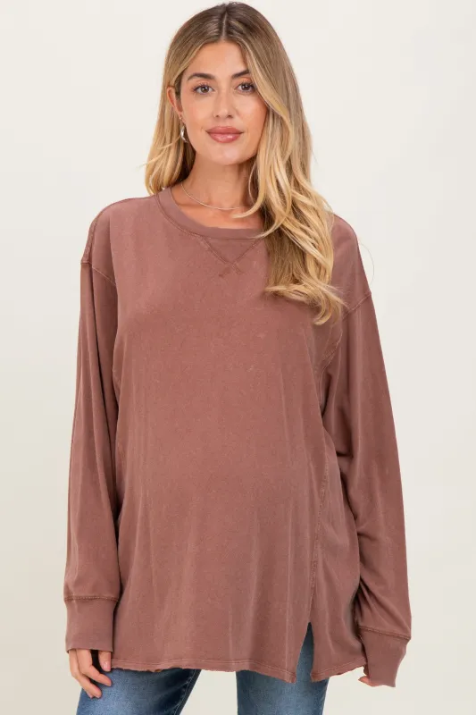 Camel Mineral Washed Drop Shoulder Long Sleeve Maternity Top sold by Pinkblush