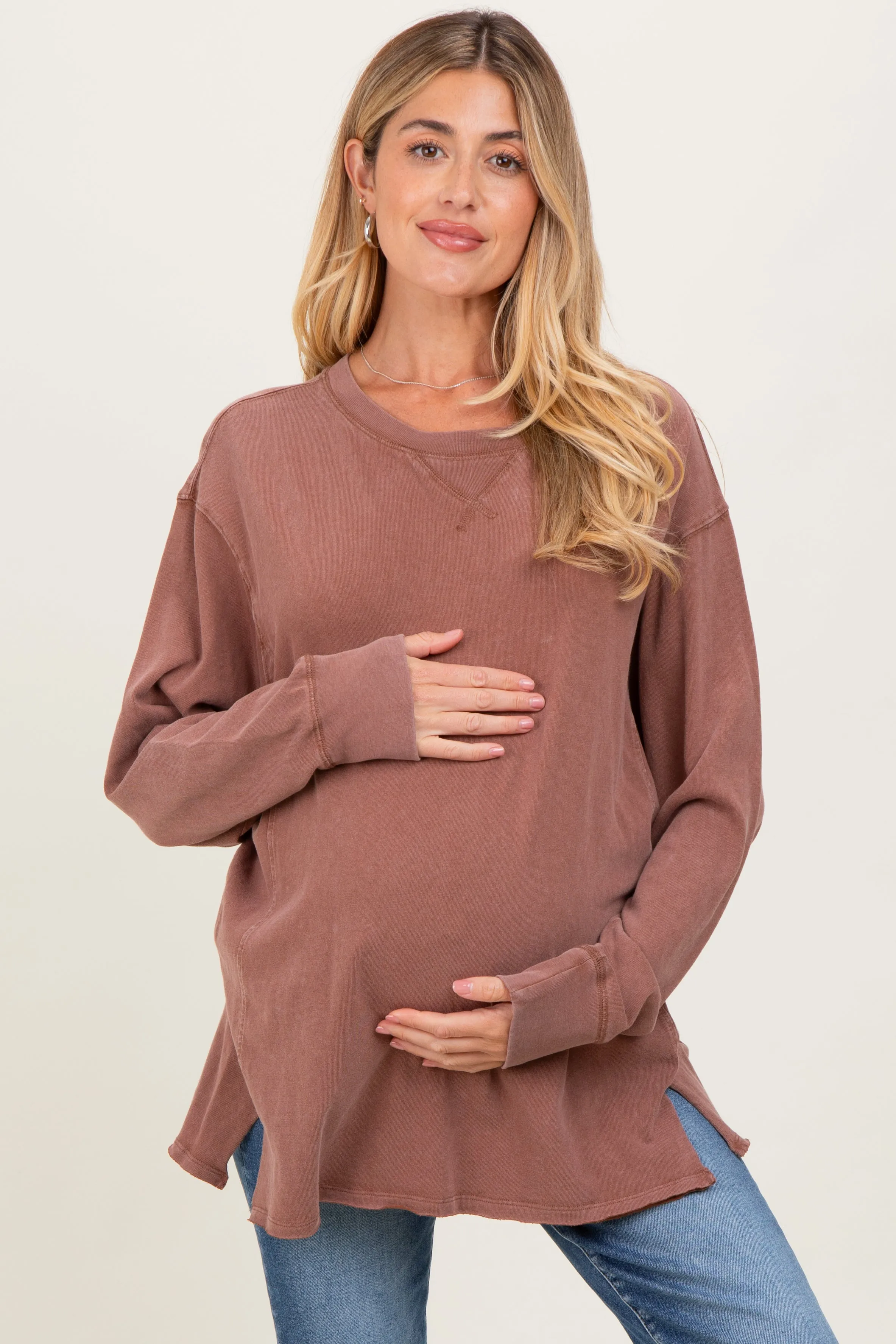 Camel Mineral Washed Drop Shoulder Long Sleeve Maternity Top sold by Pinkblush product image thumbnail 2