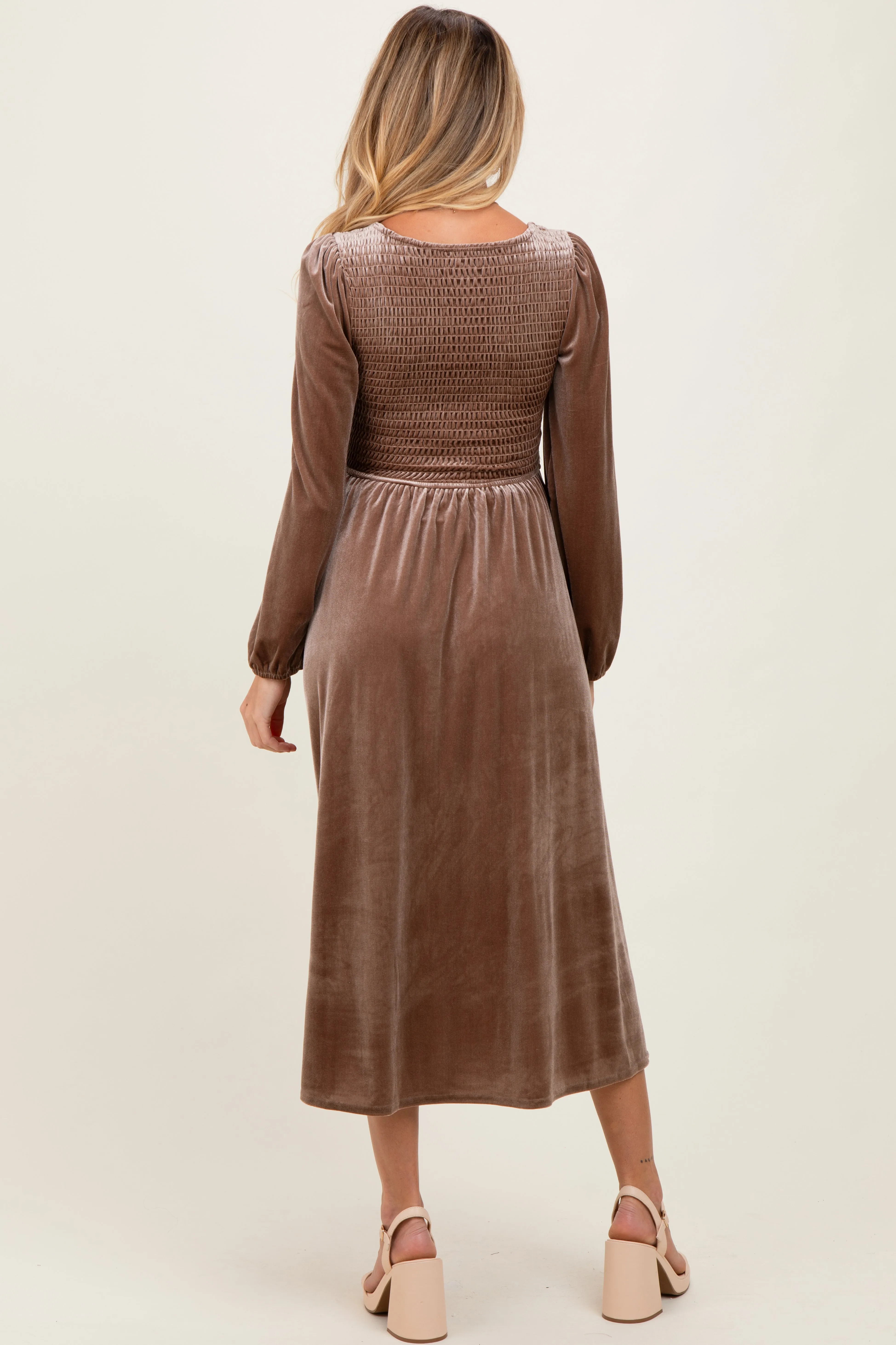 Mocha Velvet Smocked Long Sleeve Maternity Midi Dress sold by Pinkblush product image thumbnail 4