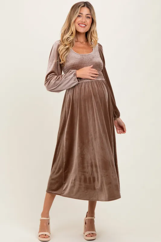 Mocha Velvet Smocked Long Sleeve Maternity Midi Dress sold by Pinkblush