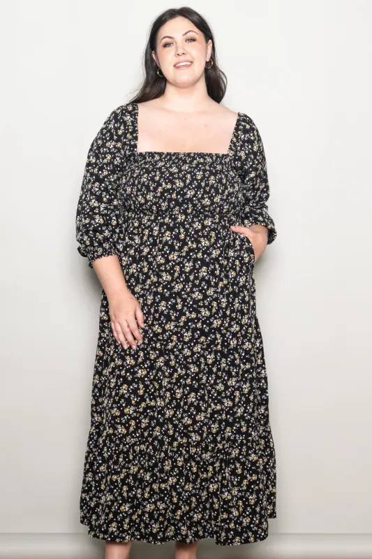 Black Floral Smocked Long Sleeve Plus Maxi Dress sold by Pinkblush