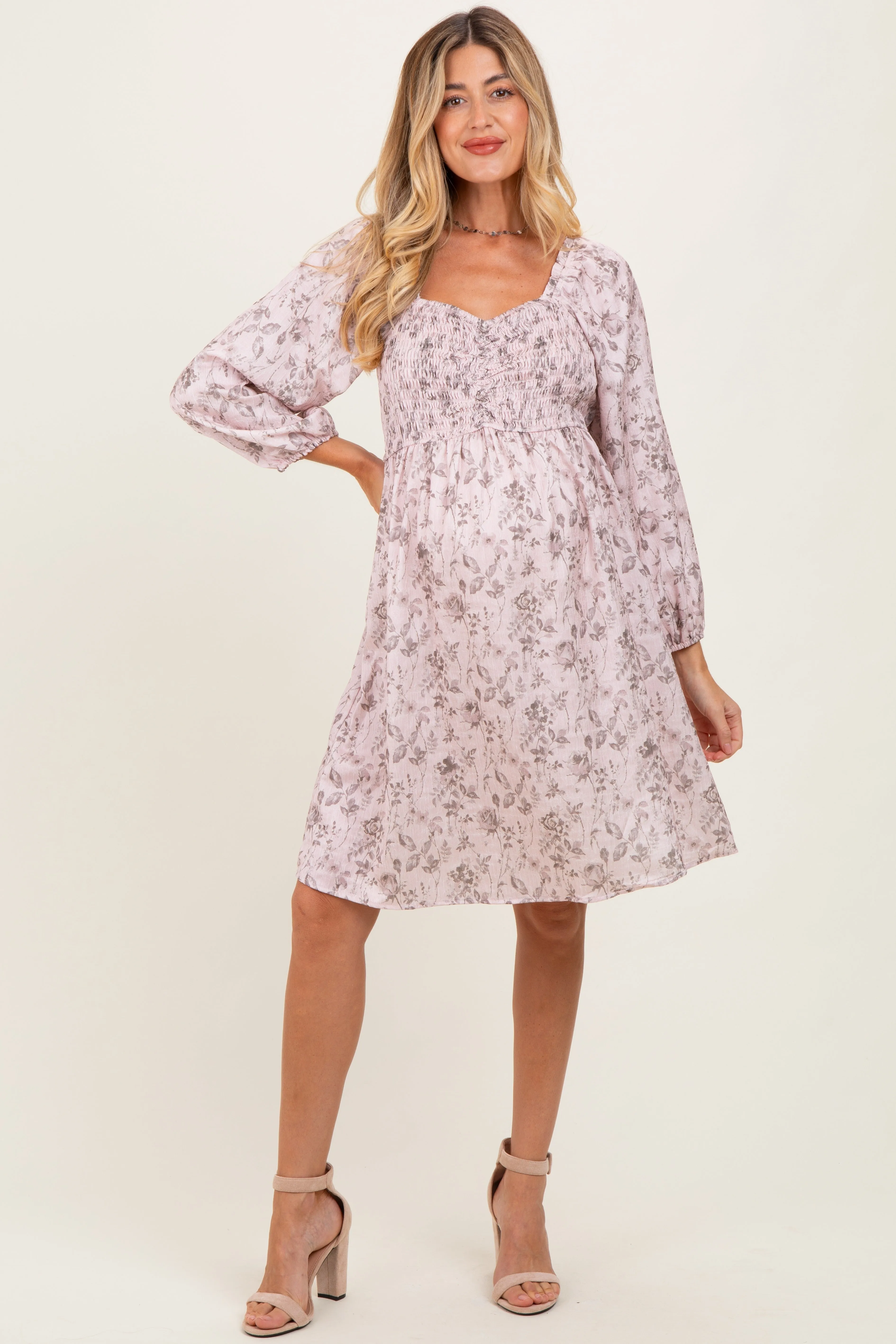 Pink Floral Sweetheart Neck Smocked Maternity Dress sold by Pinkblush