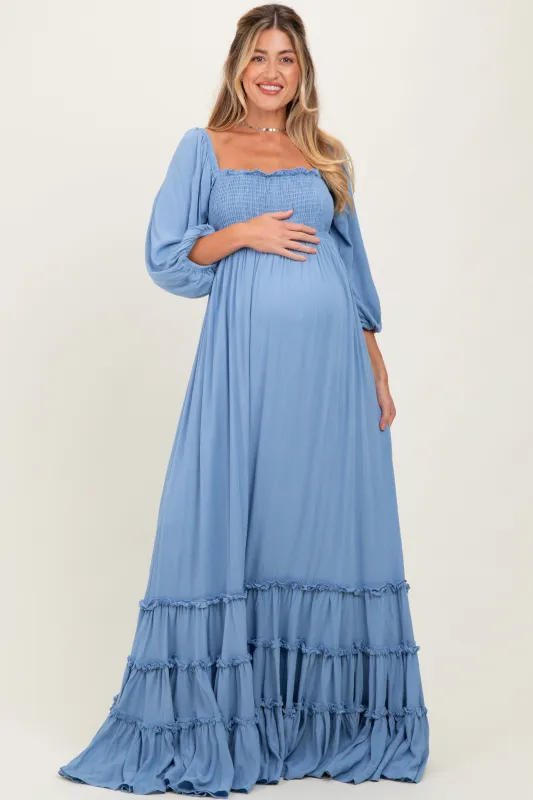 Blue Solid 3/4 Sleeve Smocked Top Tiered Maternity Maxi Dress sold by Pinkblush