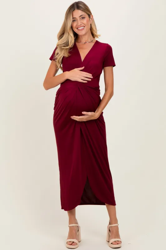 Burgundy Gathered Front Short Sleeve Maternity Maxi Dress sold by Pinkblush