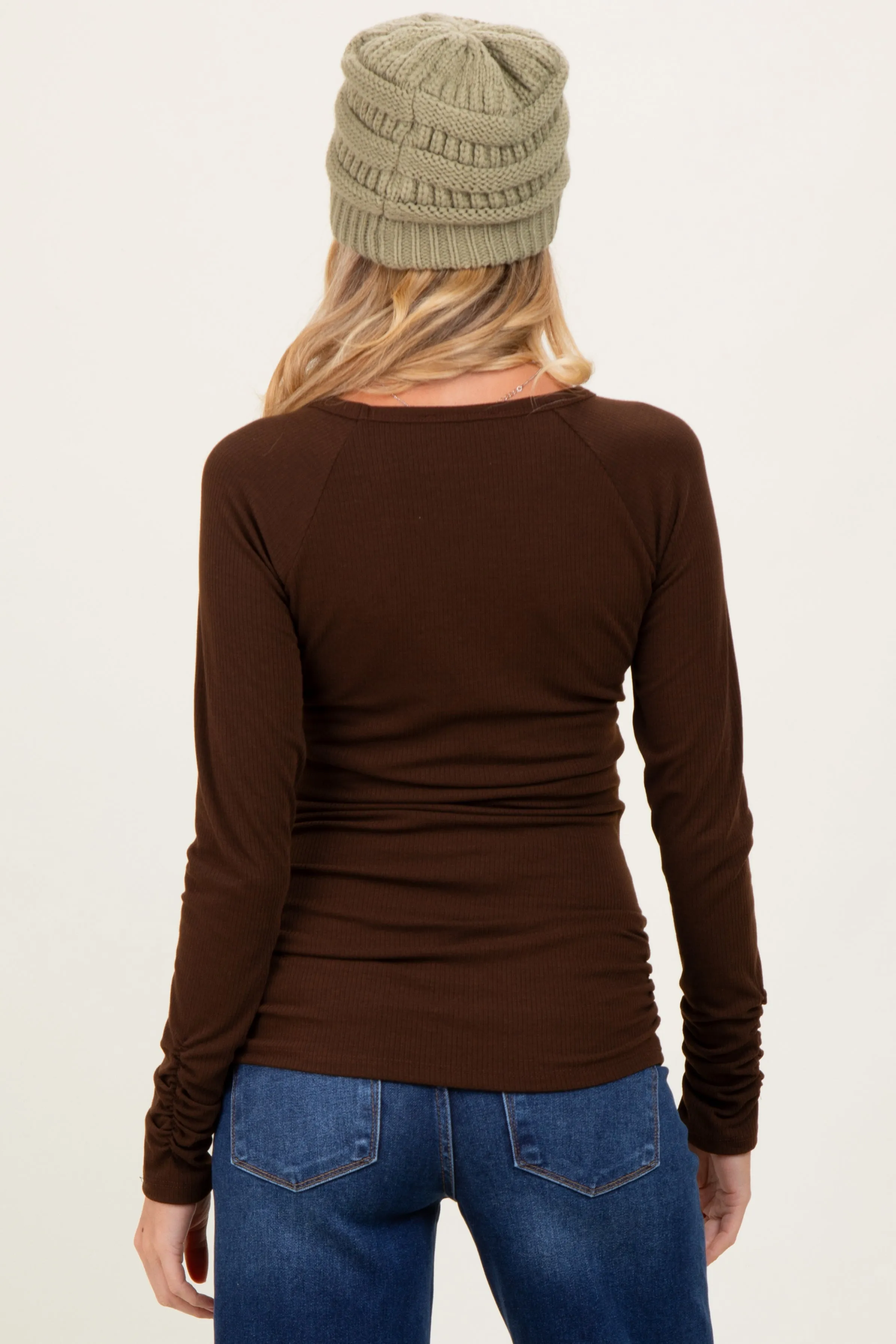 Brown Solid Ribbed Ruched Long Sleeve Maternity Top sold by Pinkblush product image thumbnail 4