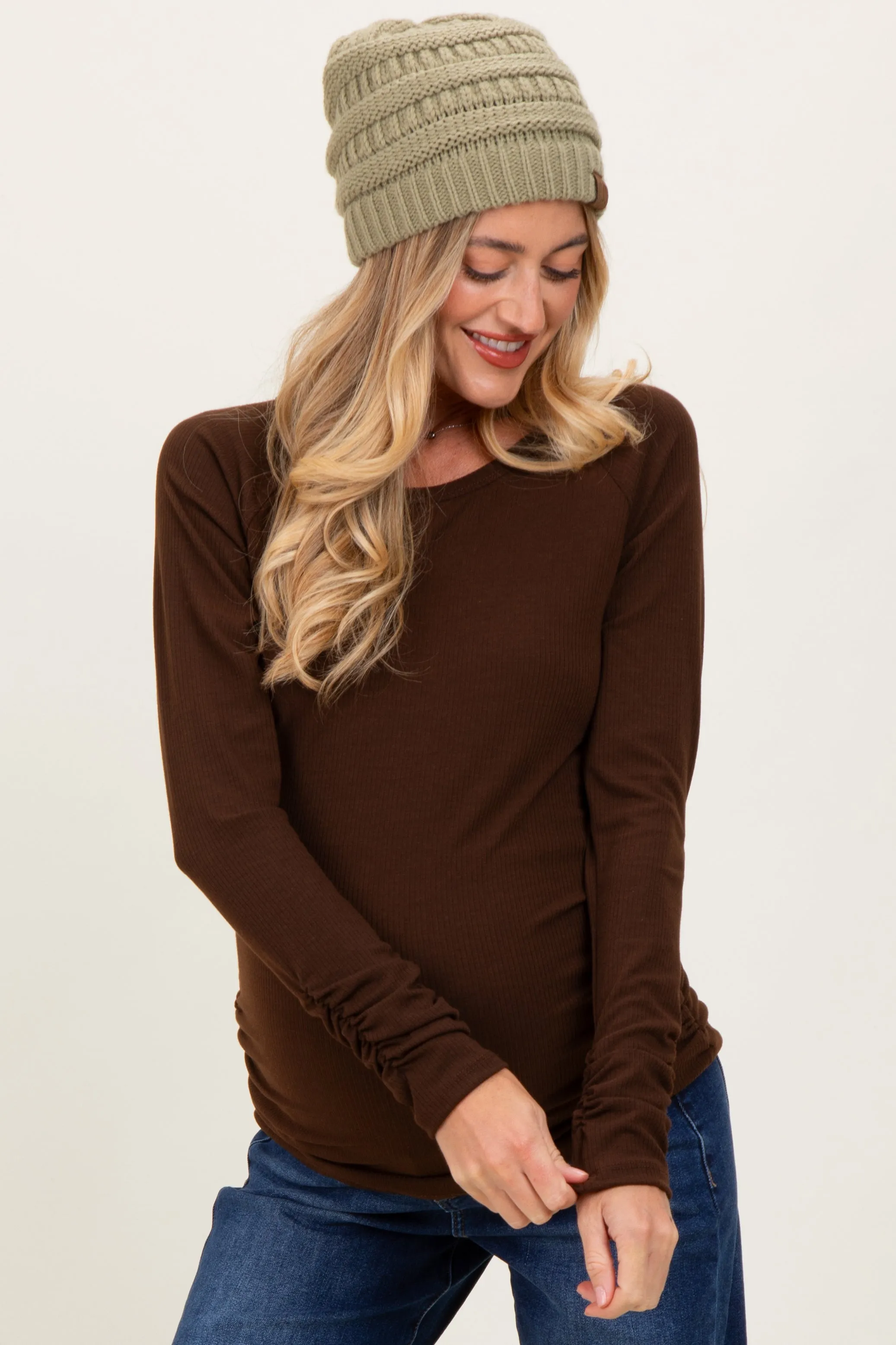 Brown Solid Ribbed Ruched Long Sleeve Maternity Top sold by Pinkblush