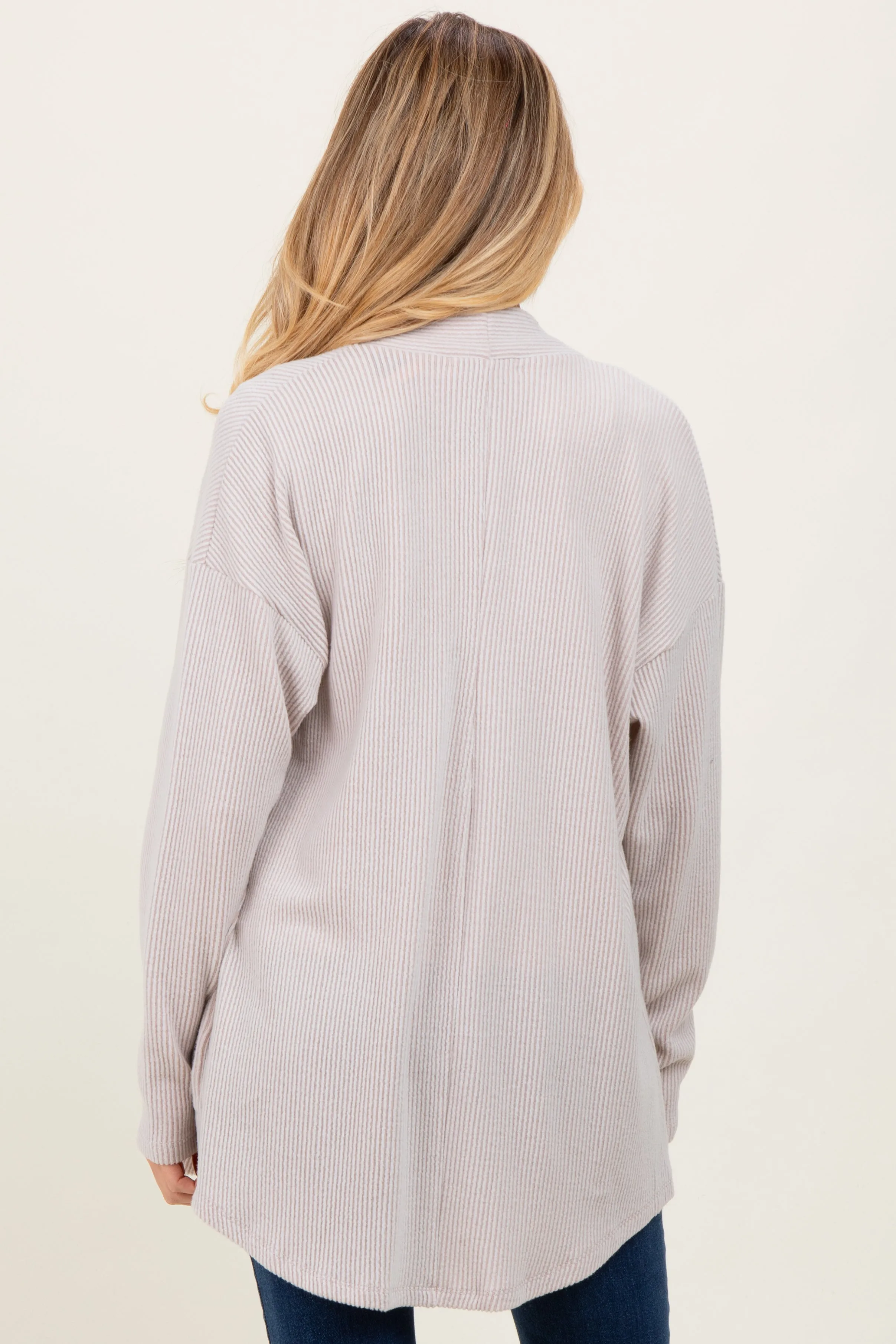 Beige Solid Ribbed Long Sleeve Open Front Pocket Maternity Cardigan sold by Pinkblush product image thumbnail 4