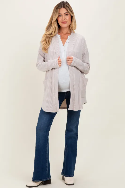 Beige Solid Ribbed Long Sleeve Open Front Pocket Maternity Cardigan sold by Pinkblush