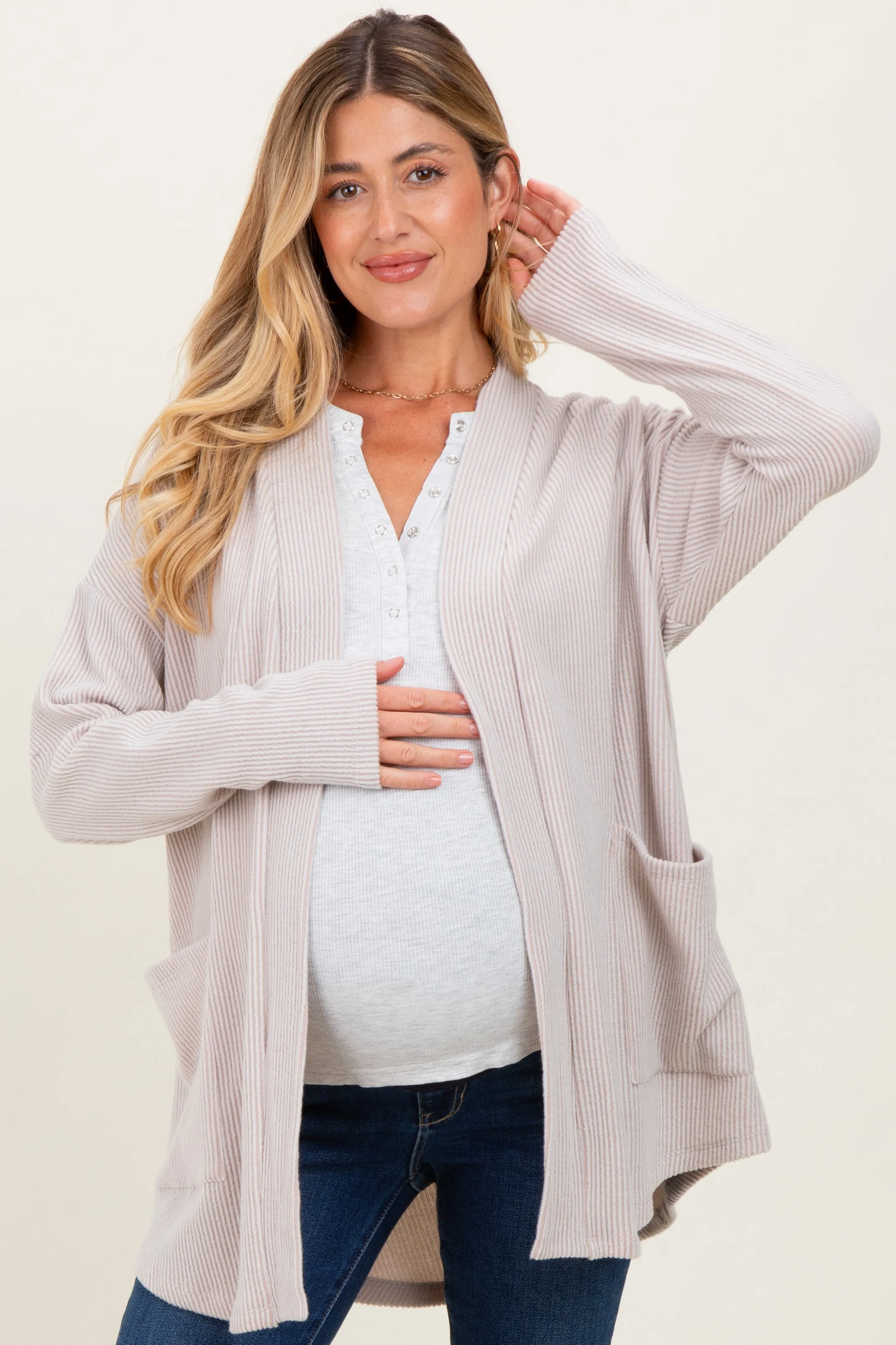 Beige Solid Ribbed Long Sleeve Open Front Pocket Maternity Cardigan sold by Pinkblush product image thumbnail 2