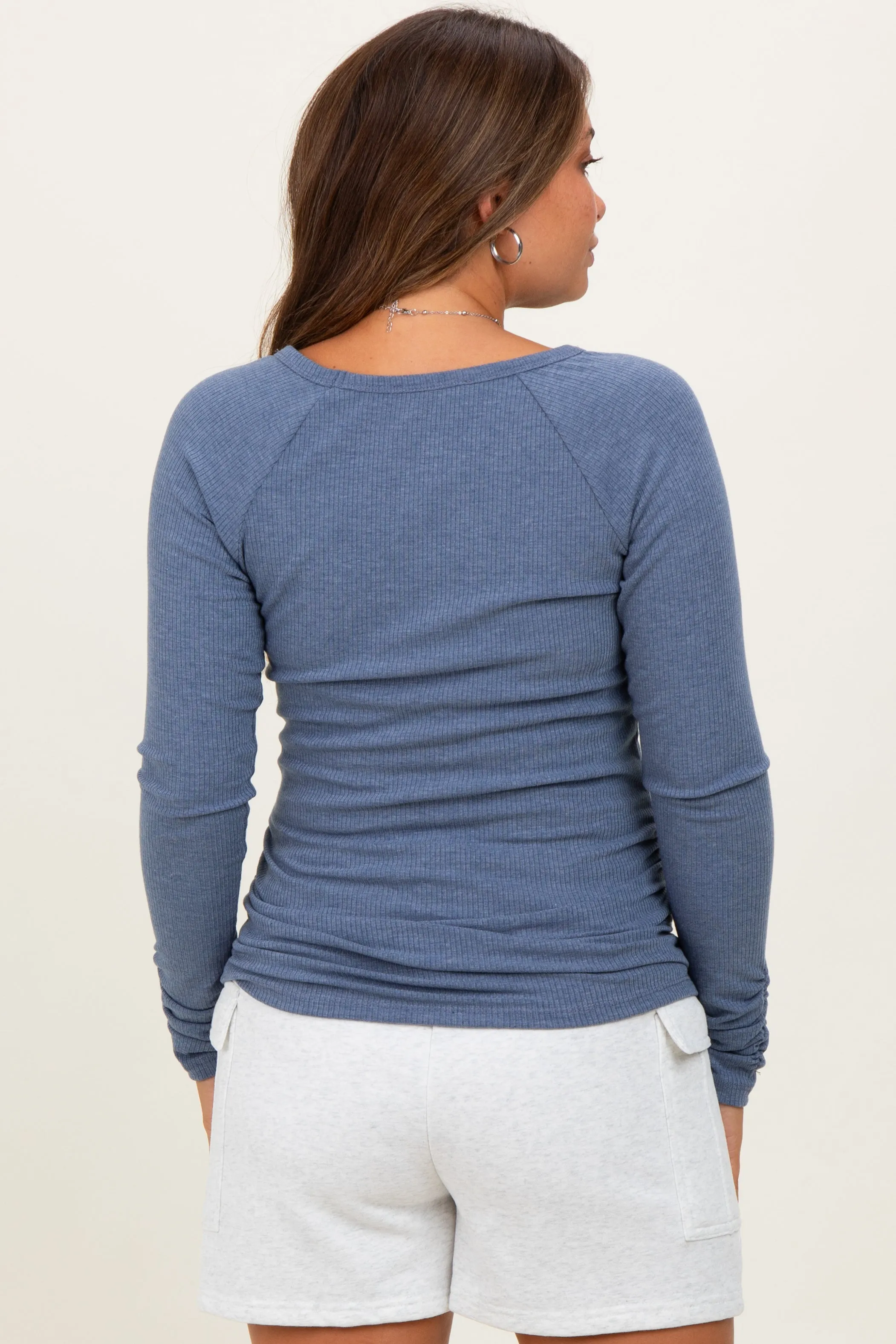 Blue Solid Ribbed Ruched Long Sleeve Maternity Top sold by Pinkblush product image thumbnail 3