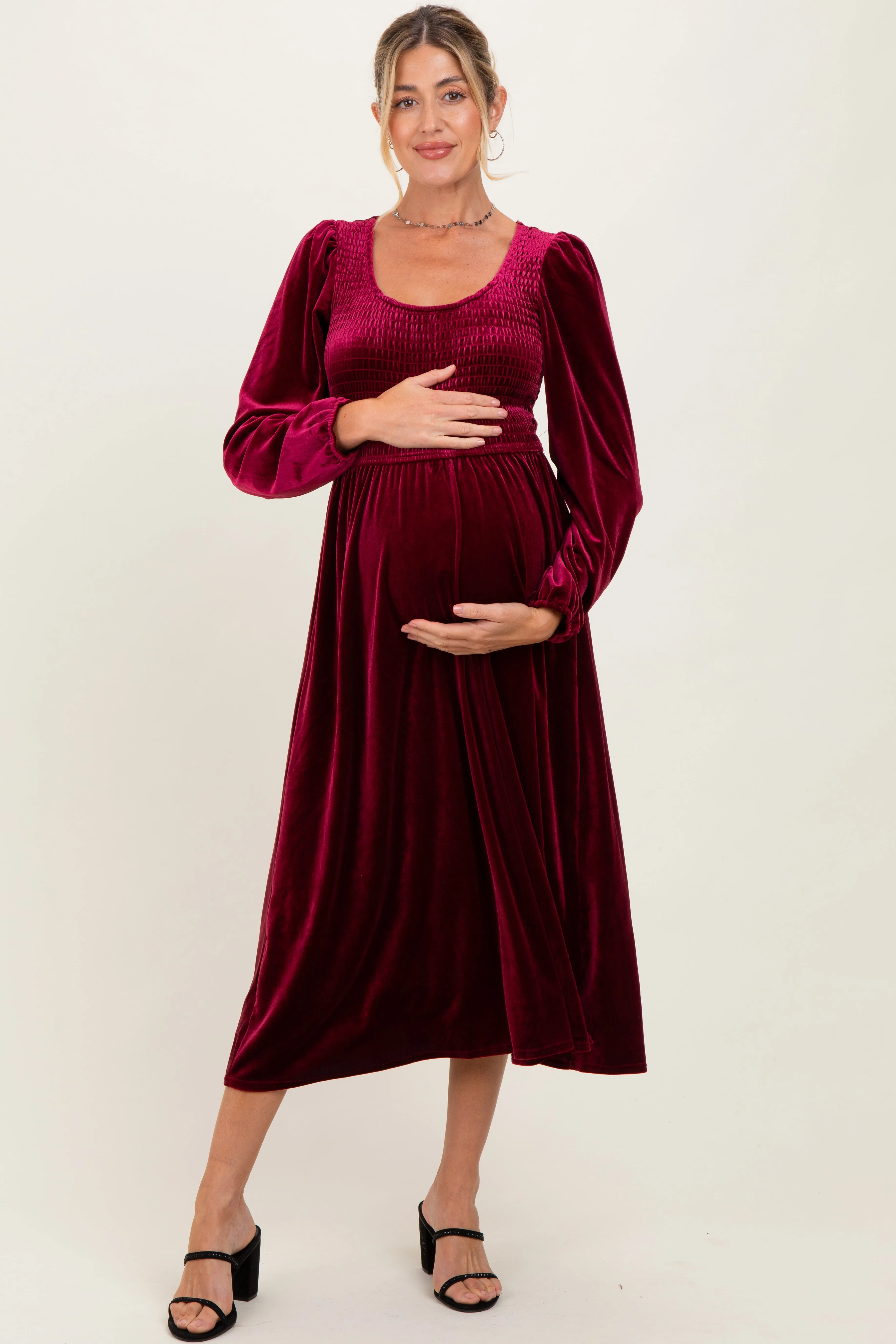 Burgundy Velvet Smocked Long Sleeve Maternity Midi Dress sold by Pinkblush product image thumbnail 2