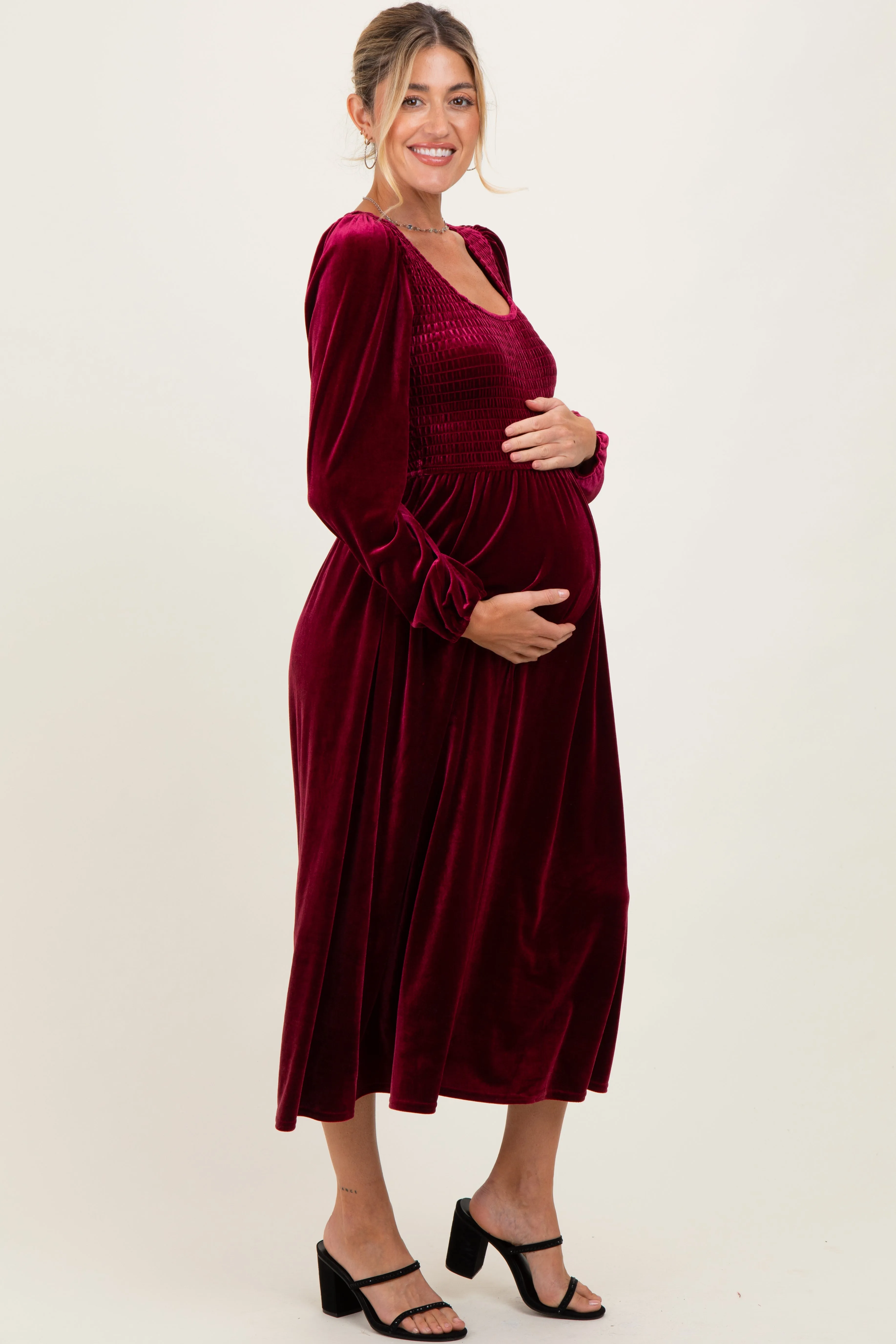 Burgundy Velvet Smocked Long Sleeve Maternity Midi Dress sold by Pinkblush product image thumbnail 3