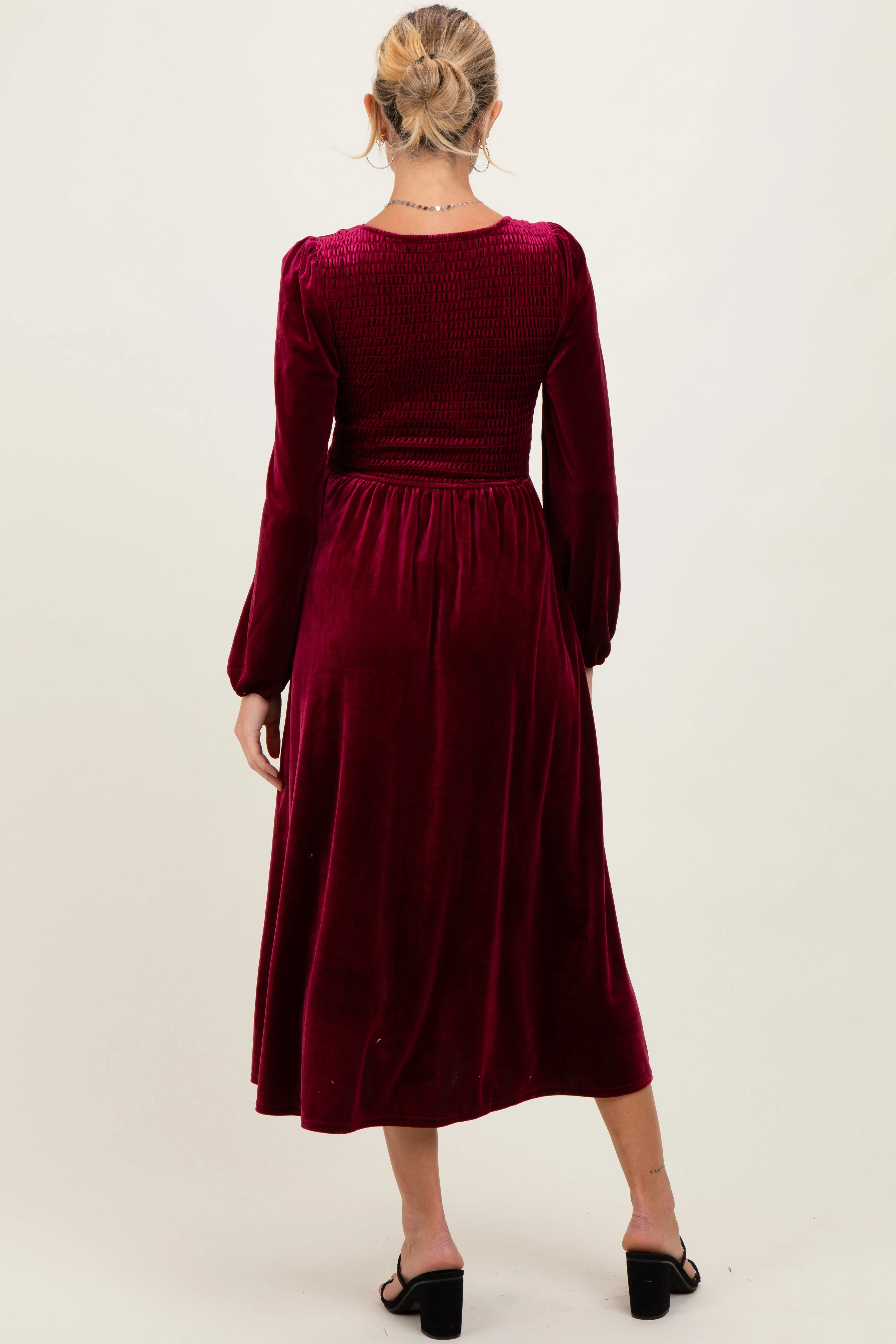 Burgundy Velvet Smocked Long Sleeve Maternity Midi Dress sold by Pinkblush product image thumbnail 4