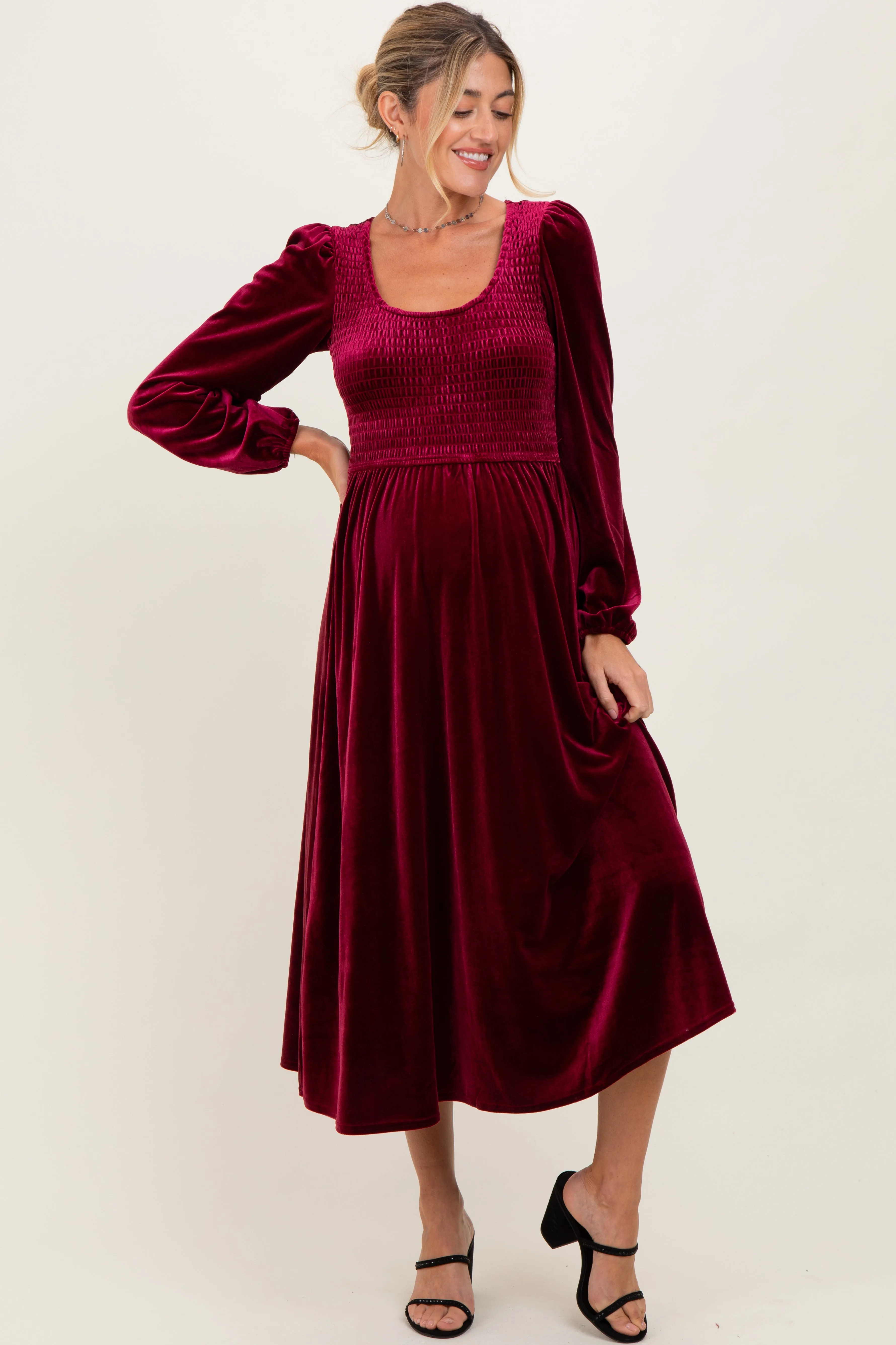 Burgundy Velvet Smocked Long Sleeve Maternity Midi Dress sold by Pinkblush