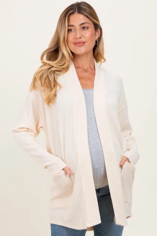 Cream Solid Ribbed Long Sleeve Open Front Pocket Maternity Cardigan sold by Pinkblush