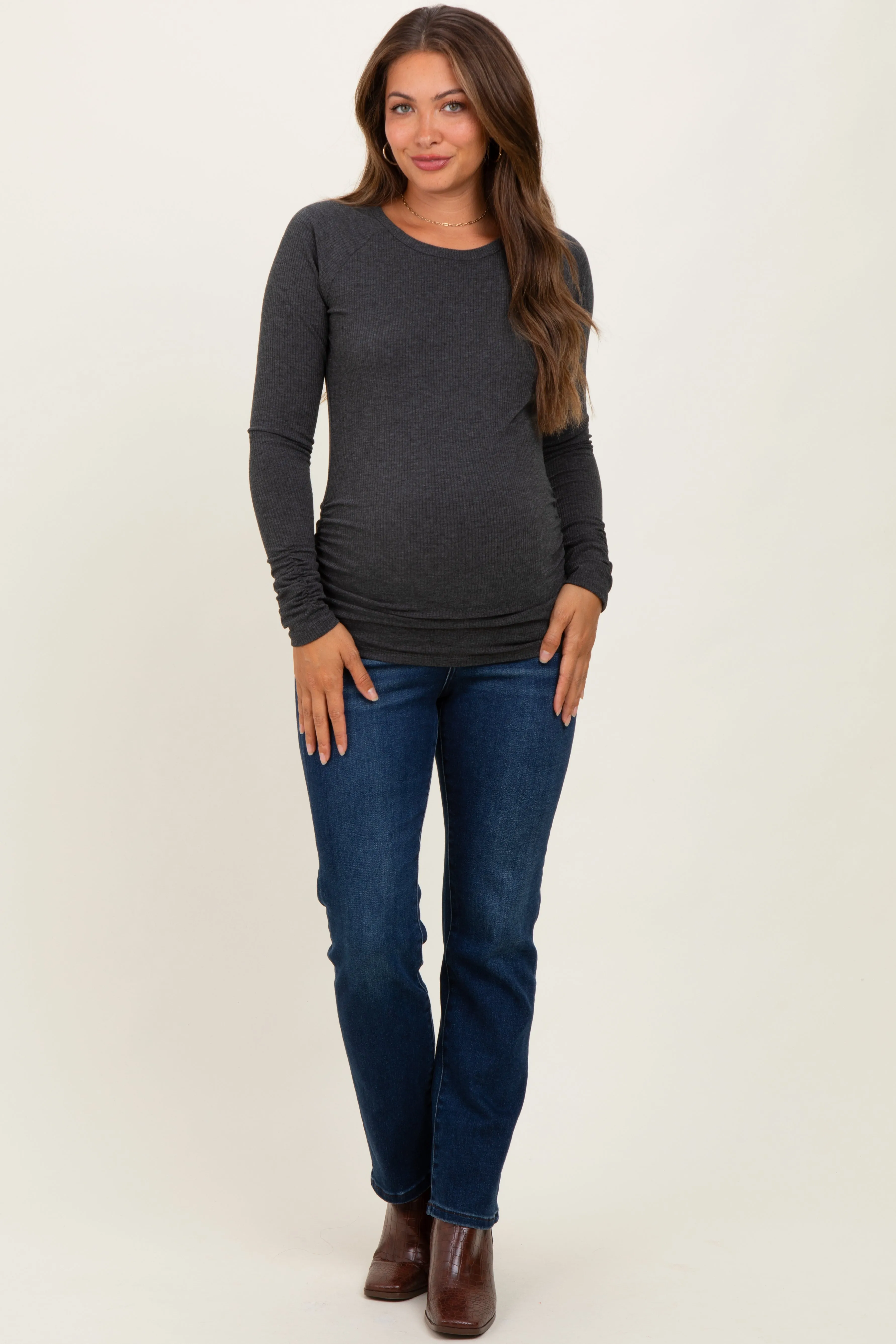 Charcoal Solid Ribbed Ruched Long Sleeve Maternity Top sold by Pinkblush product image thumbnail 2