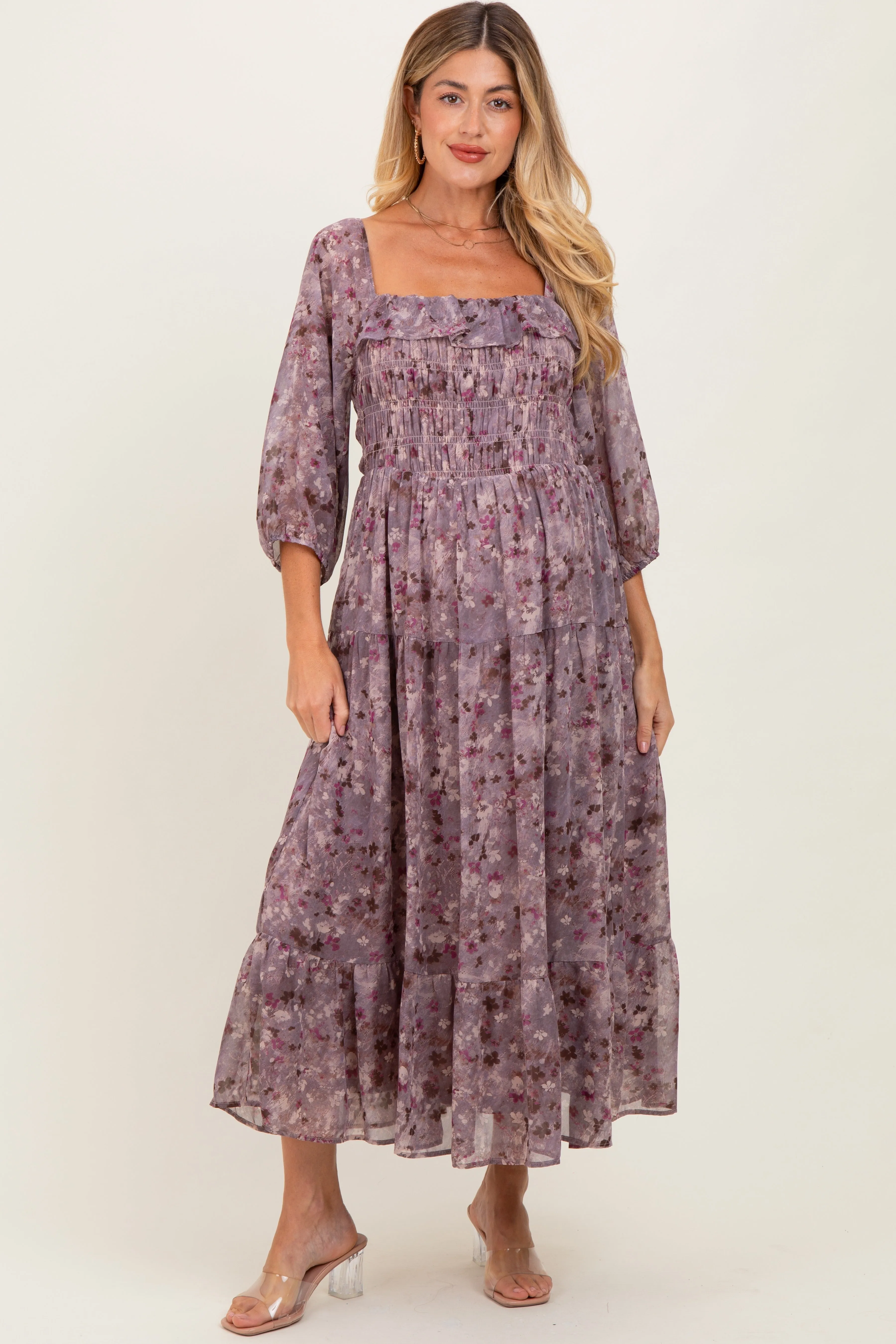 Lavender Floral Square Neck Ruffle Maternity Midi Dress sold by Pinkblush