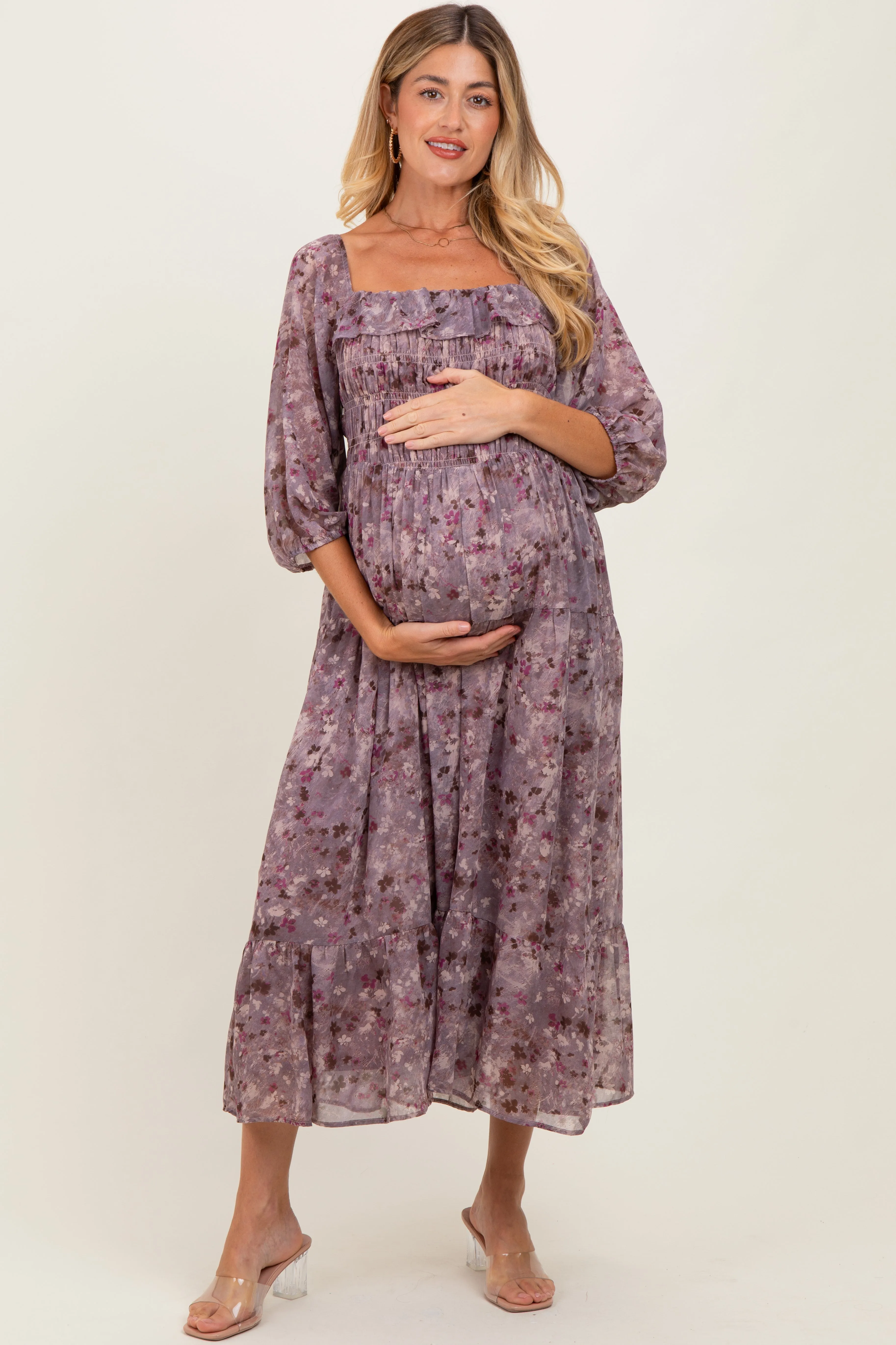 Lavender Floral Square Neck Ruffle Maternity Midi Dress sold by Pinkblush product image thumbnail 2