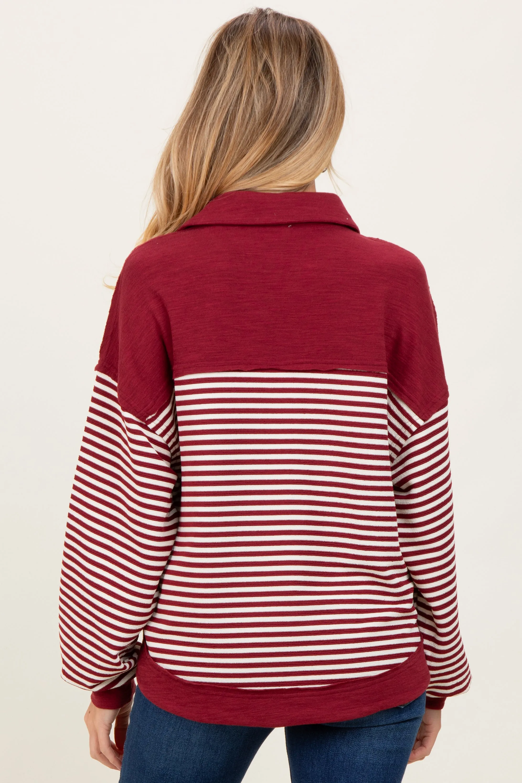 Burgundy Striped Oversized Collared Pullover Maternity Top sold by Pinkblush product image thumbnail 4