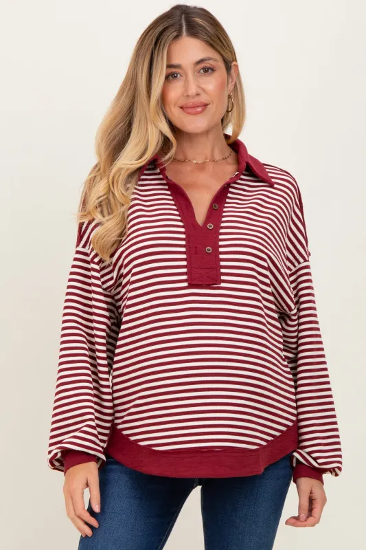 Burgundy Striped Oversized Collared Pullover Maternity Top sold by Pinkblush