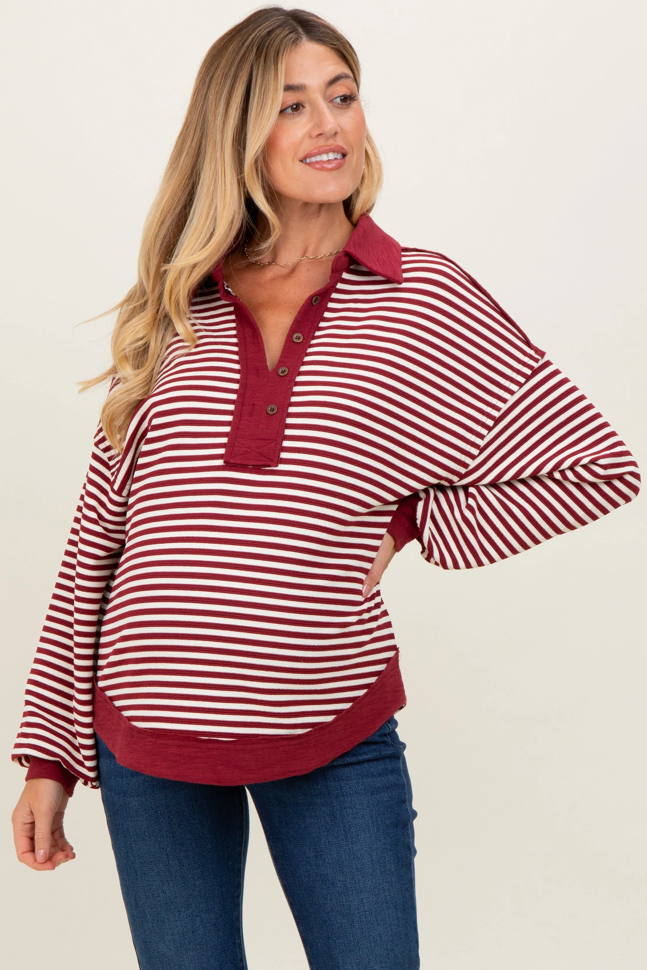 Burgundy Striped Oversized Collared Pullover Maternity Top sold by Pinkblush product image thumbnail 2