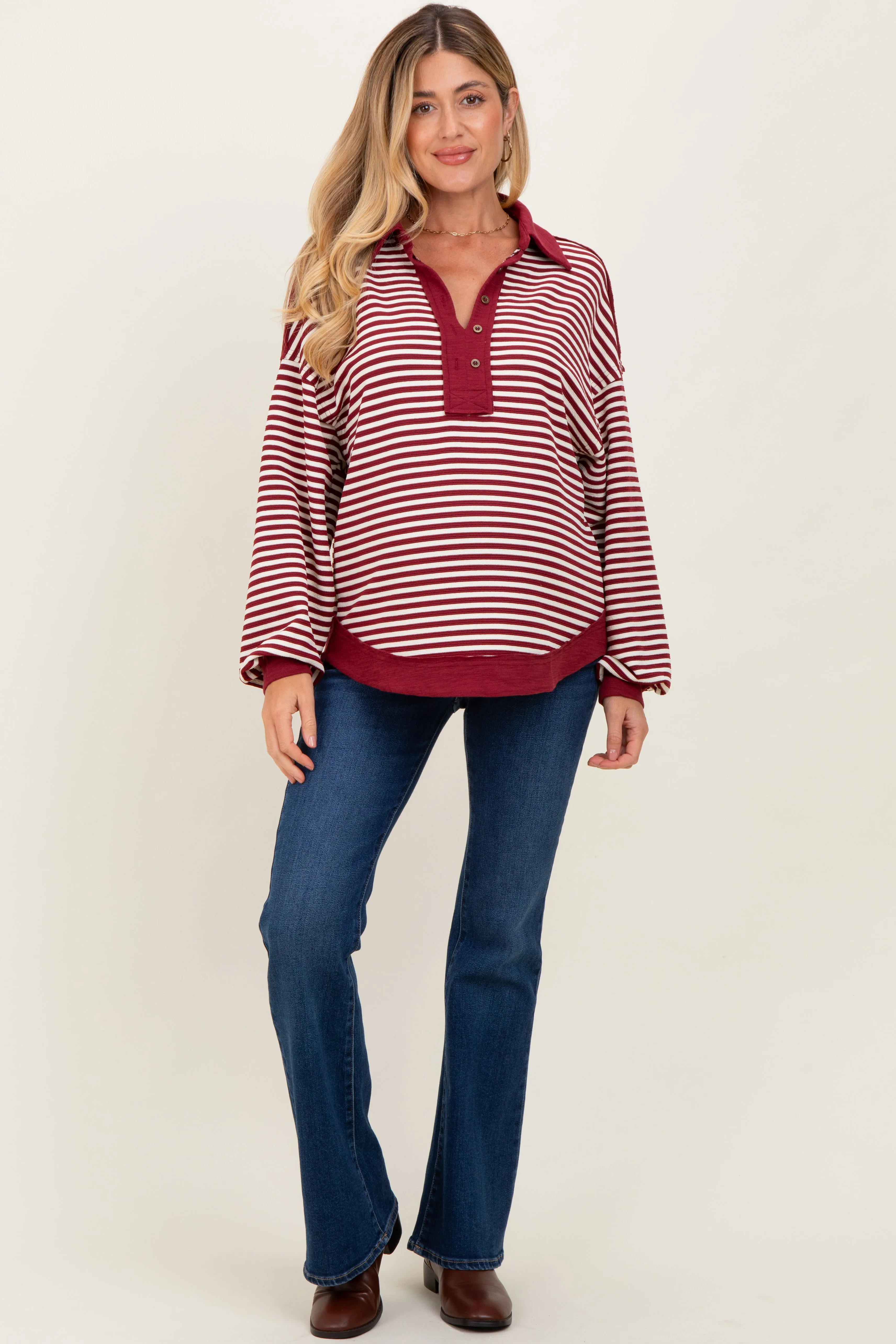 Burgundy Striped Oversized Collared Pullover Maternity Top sold by Pinkblush product image thumbnail 3
