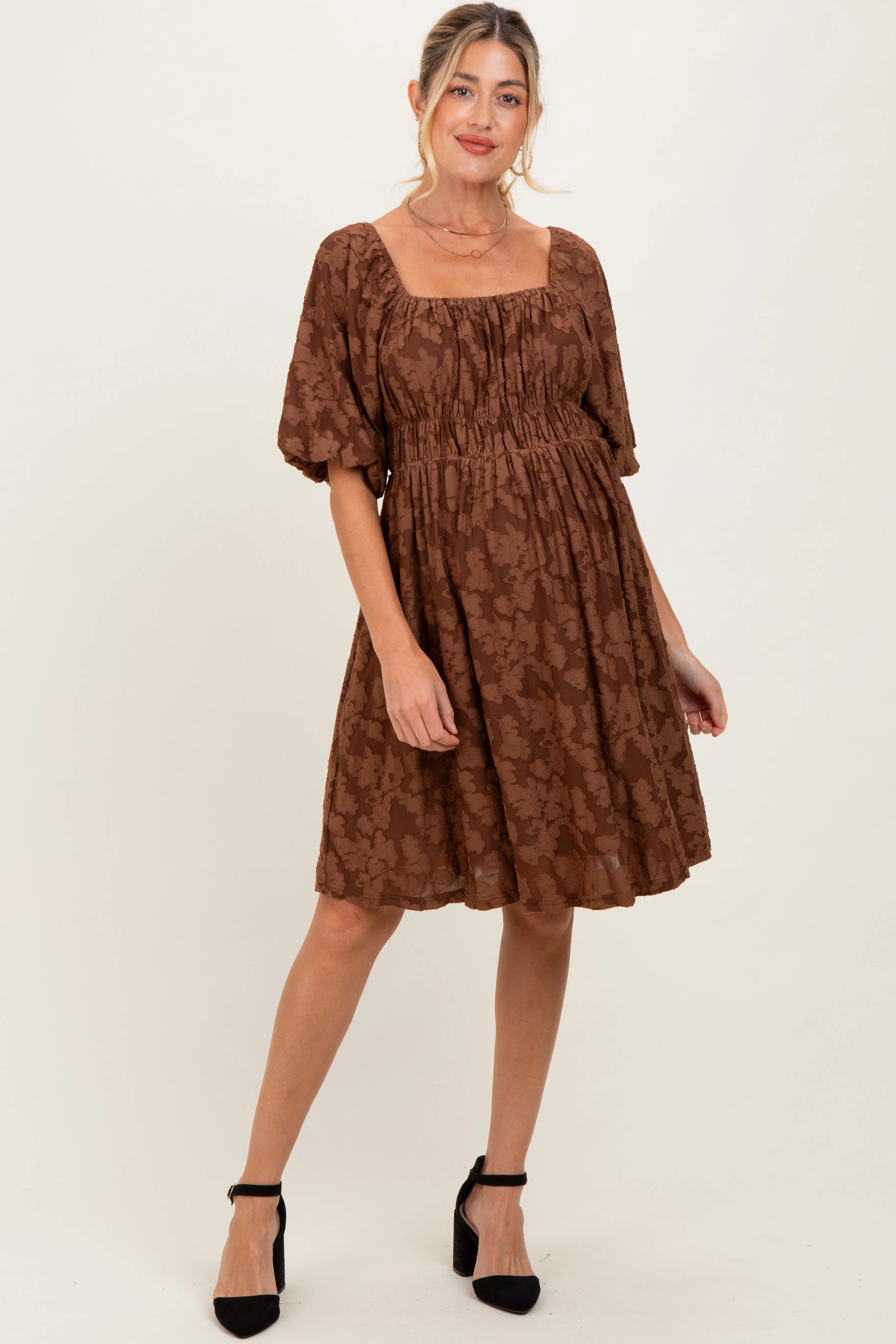 Brown Floral Square Neck Maternity Dress sold by Pinkblush