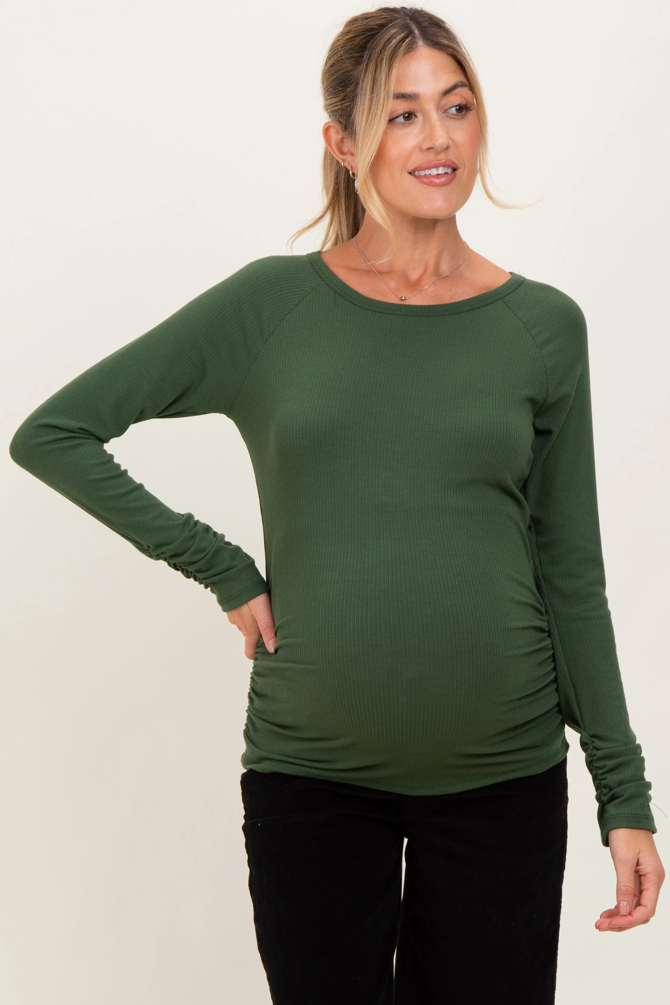 Olive Solid Ribbed Ruched Long Sleeve Maternity Top sold by Pinkblush product image thumbnail 2