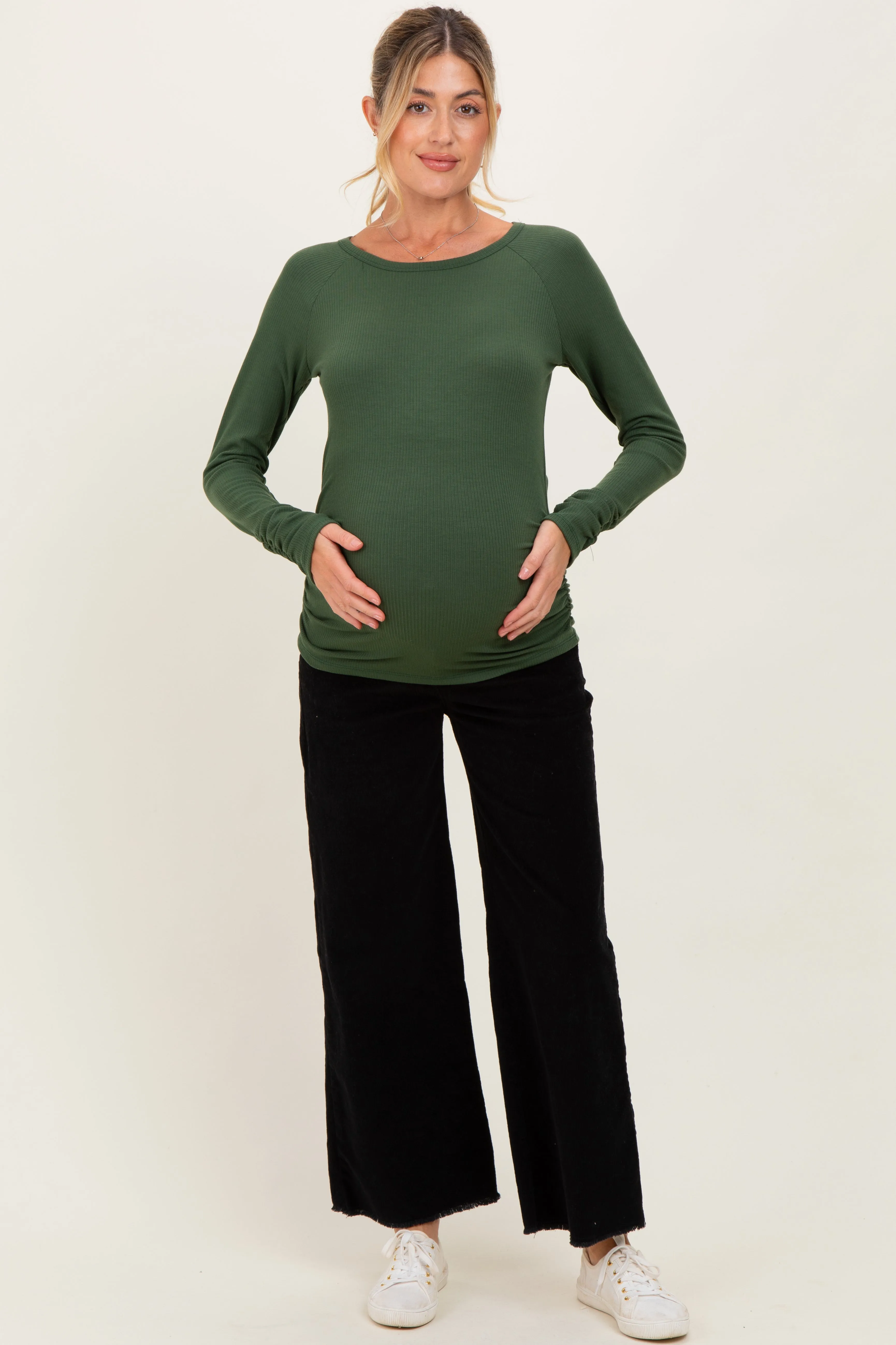 Olive Solid Ribbed Ruched Long Sleeve Maternity Top sold by Pinkblush product image thumbnail 3
