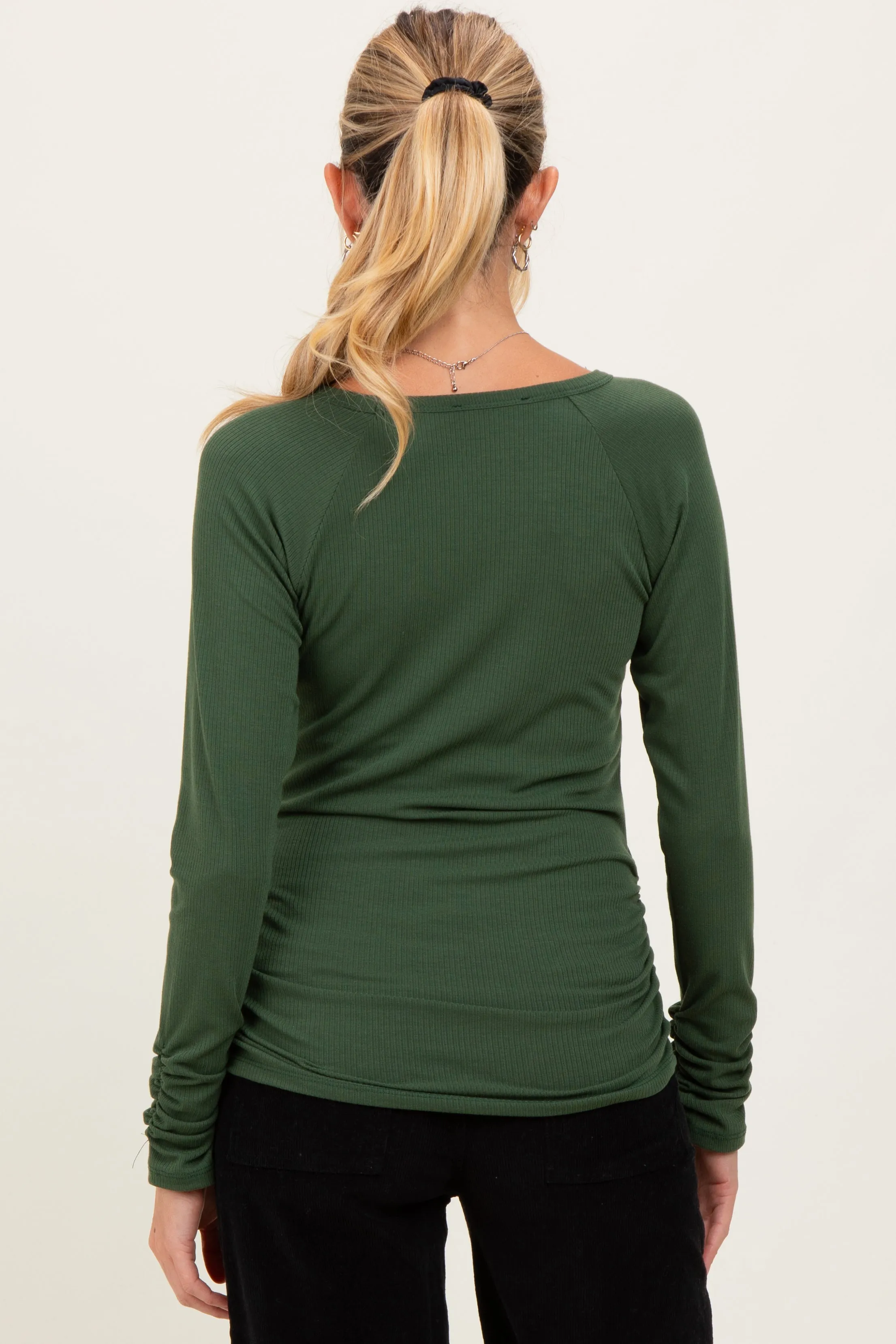 Olive Solid Ribbed Ruched Long Sleeve Maternity Top sold by Pinkblush product image thumbnail 4