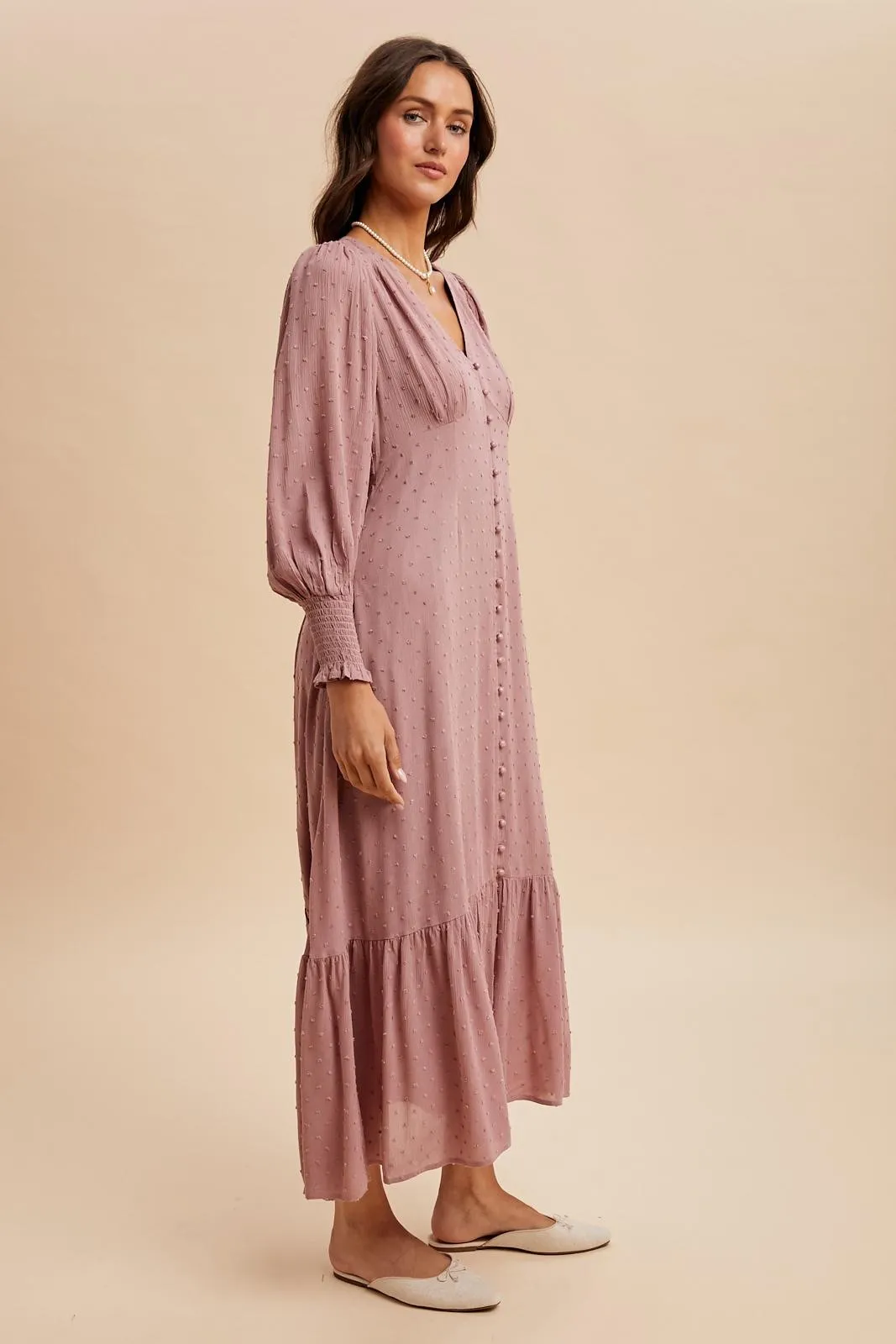 Rose Swiss Dot Button Down Maxi Dress sold by Pinkblush product image thumbnail 3