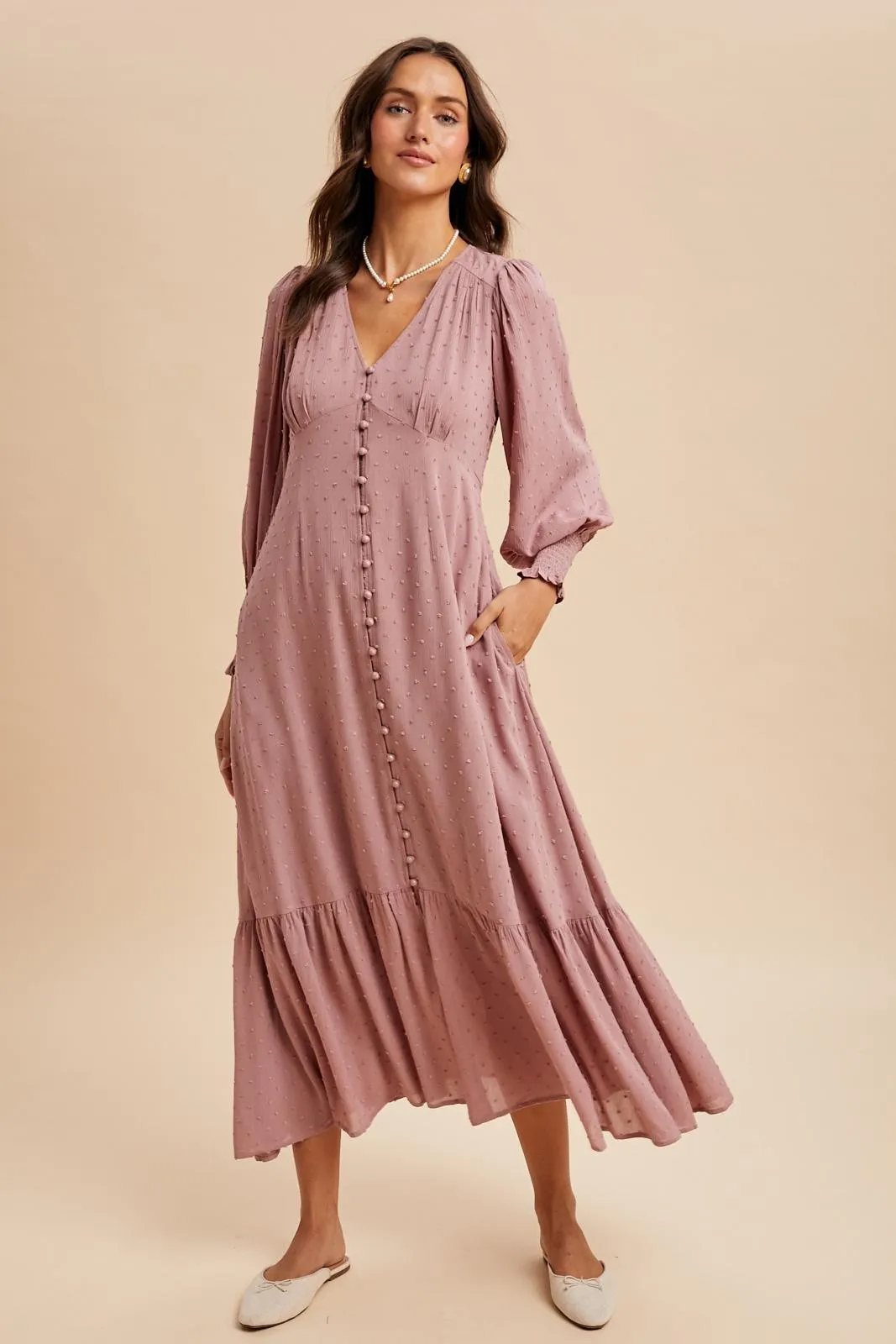 Rose Swiss Dot Button Down Maxi Dress sold by Pinkblush