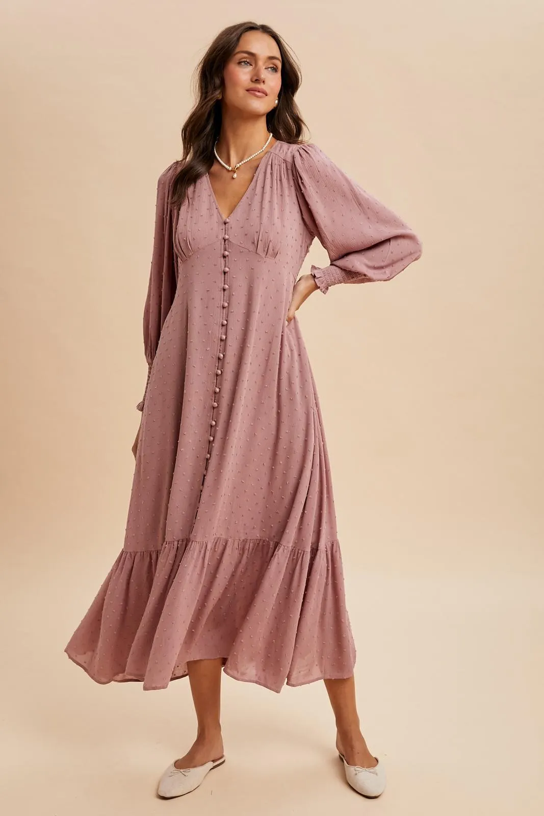 Rose Swiss Dot Button Down Maxi Dress sold by Pinkblush product image thumbnail 2