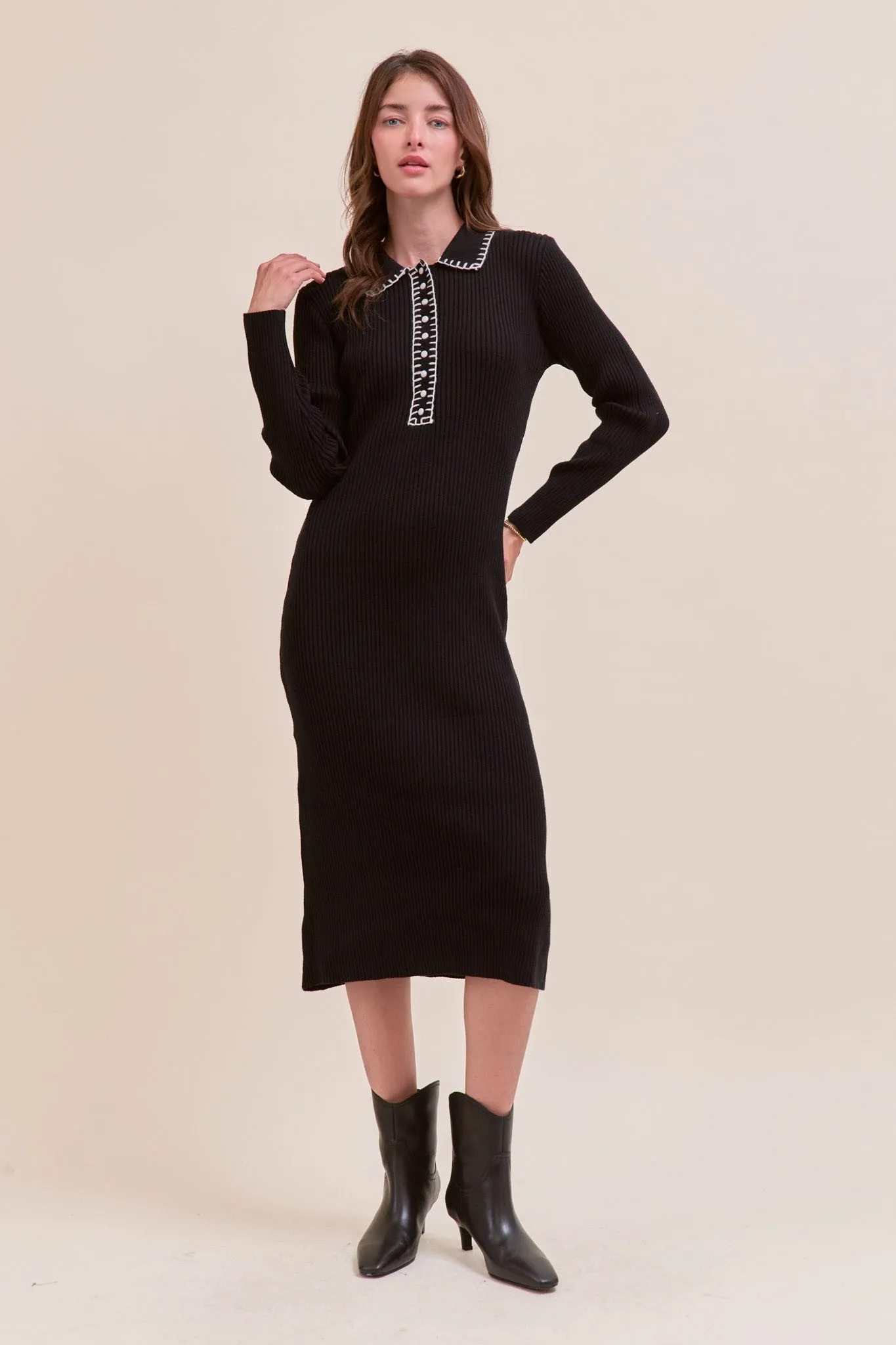 Black Contrast Stitch Midi Sweater Dress sold by Pinkblush