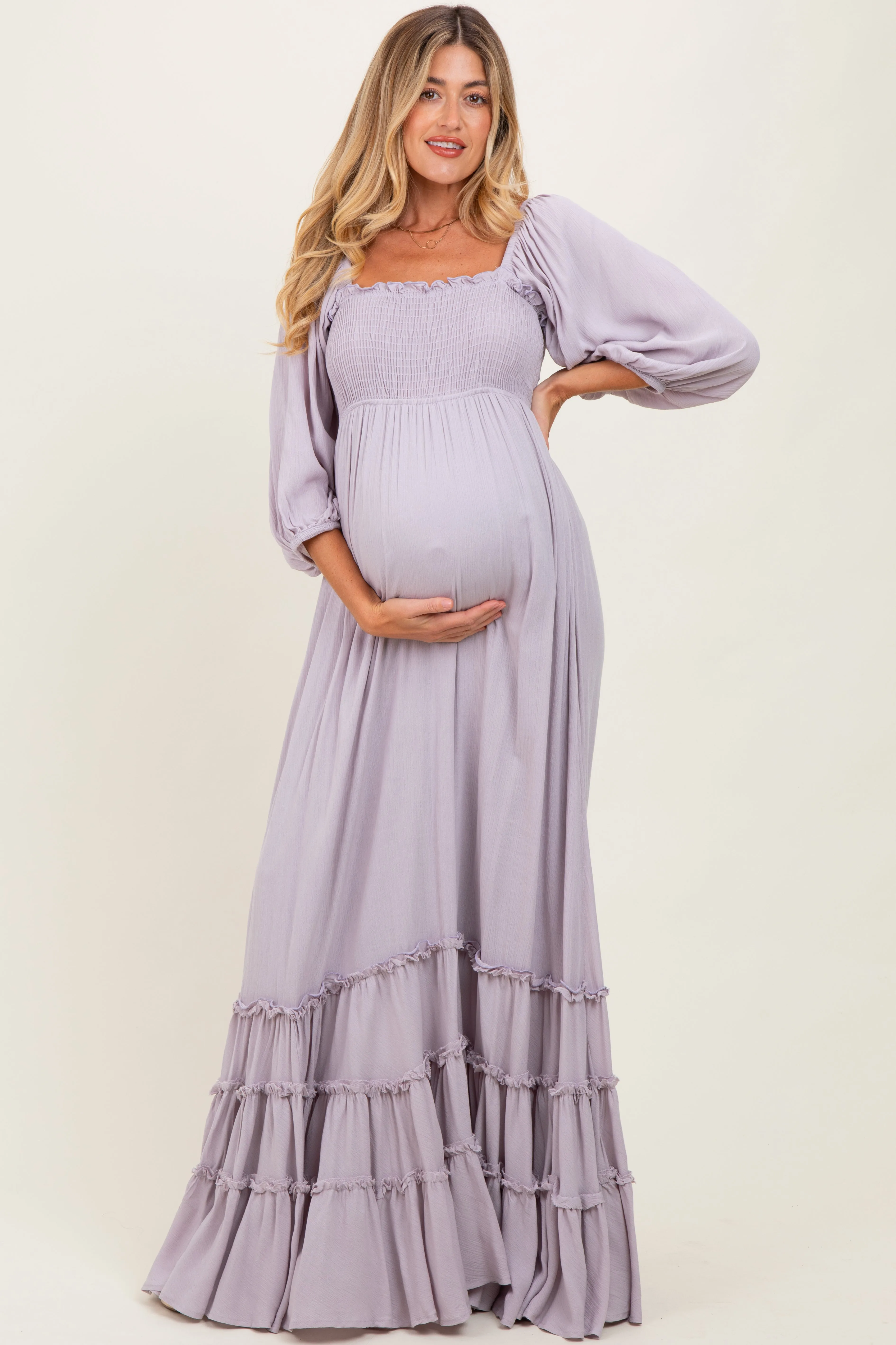 Lavender Solid 3/4 Sleeve Smocked Top Tiered Maternity Maxi Dress sold by Pinkblush product image thumbnail 2