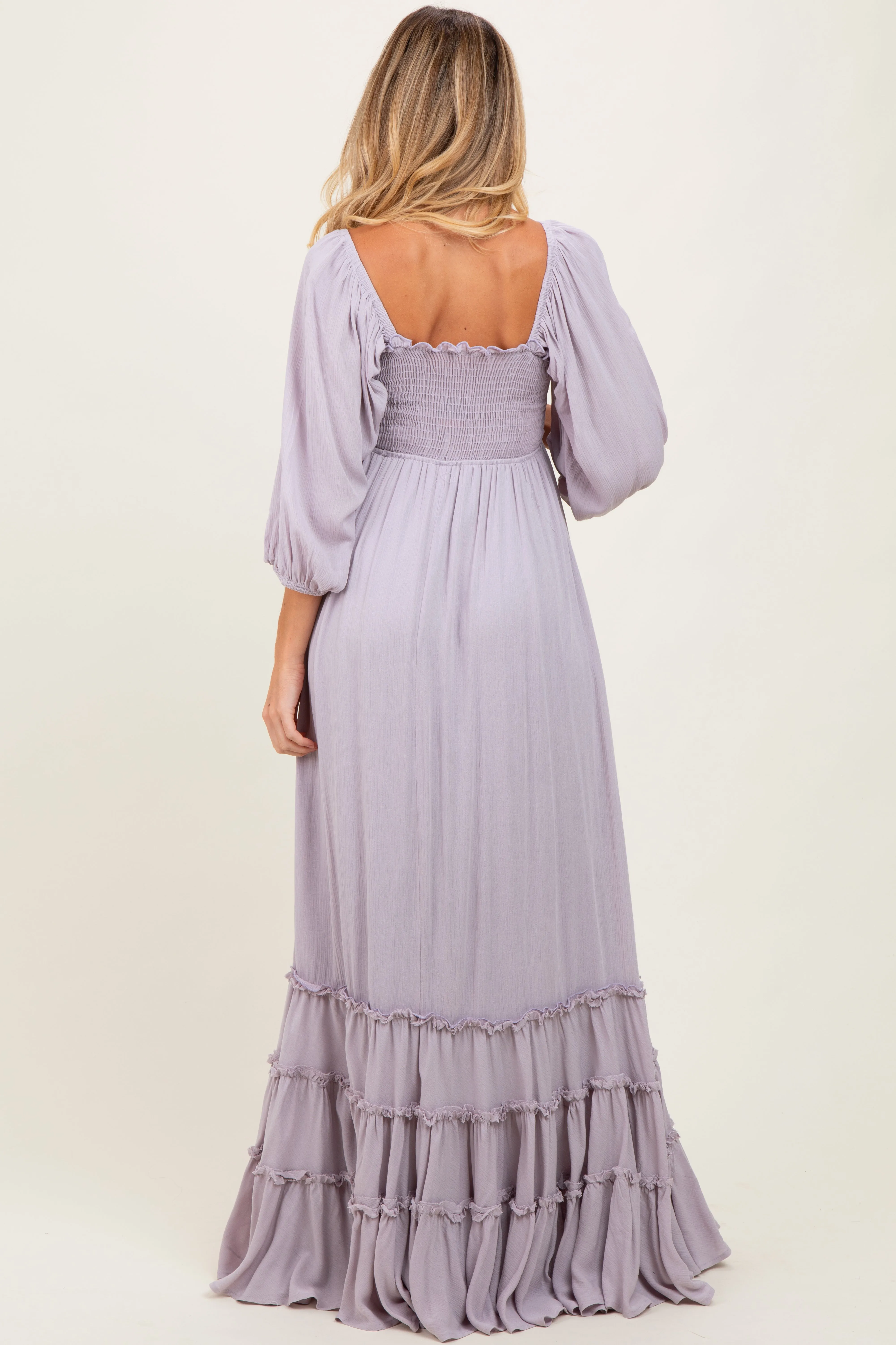 Lavender Solid 3/4 Sleeve Smocked Top Tiered Maternity Maxi Dress sold by Pinkblush product image thumbnail 4