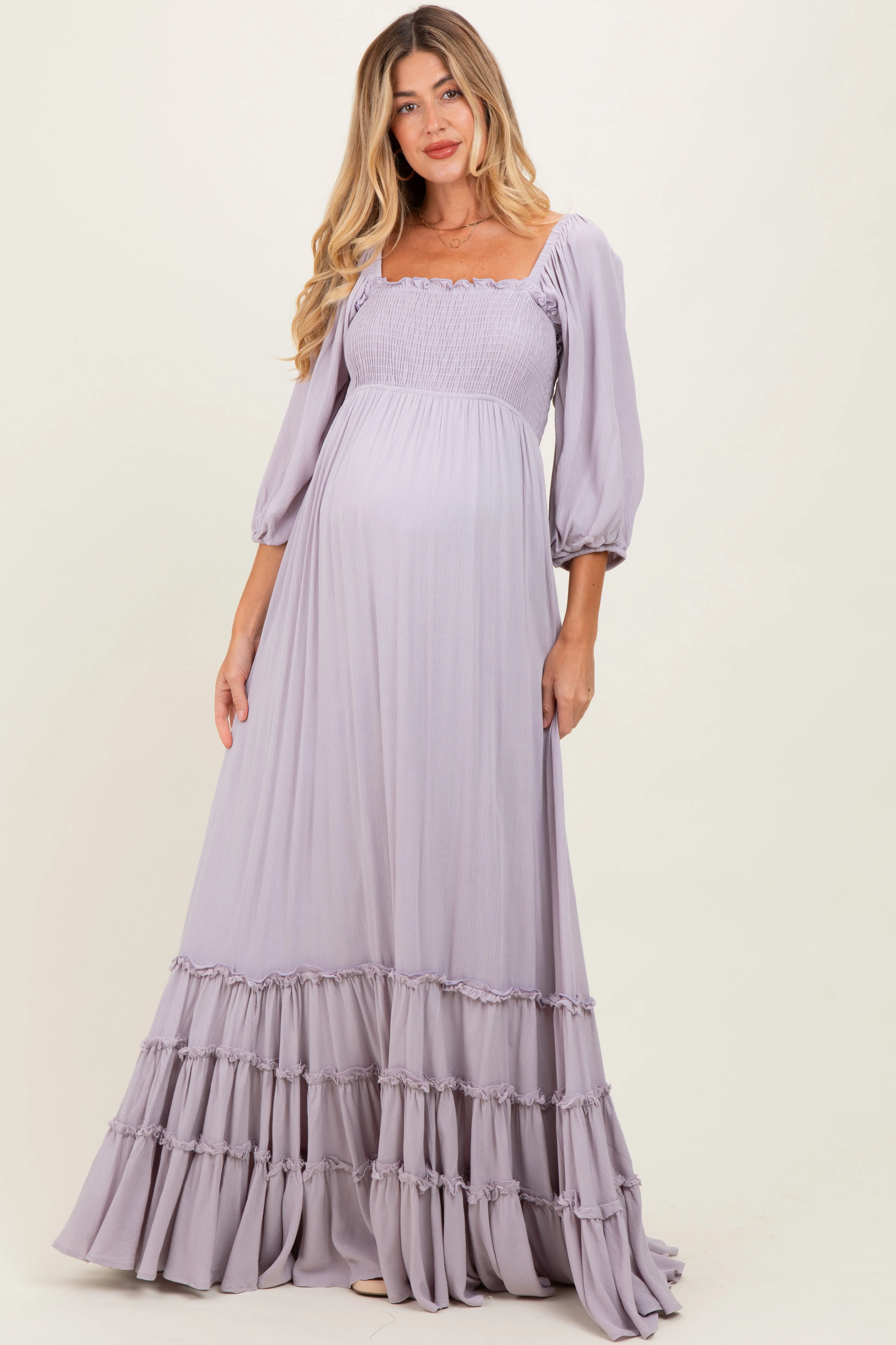 Lavender Solid 3/4 Sleeve Smocked Top Tiered Maternity Maxi Dress sold by Pinkblush