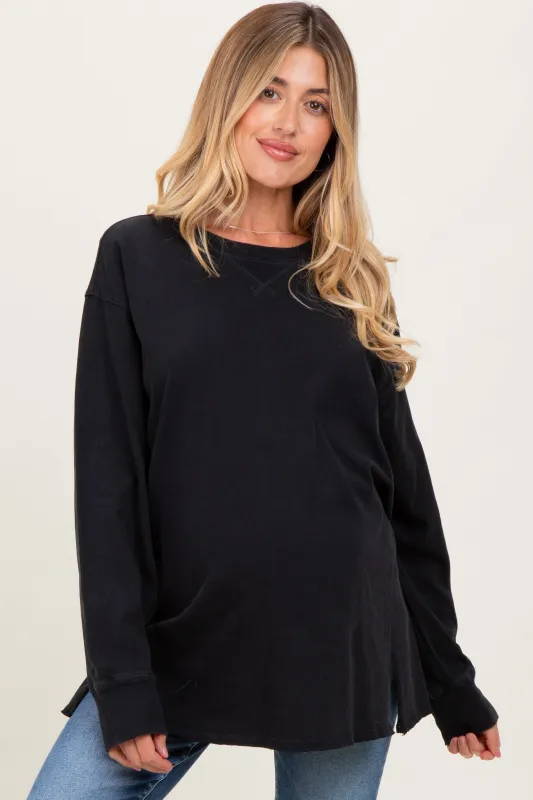 Black Mineral Washed Drop Shoulder Long Sleeve Maternity Top sold by Pinkblush