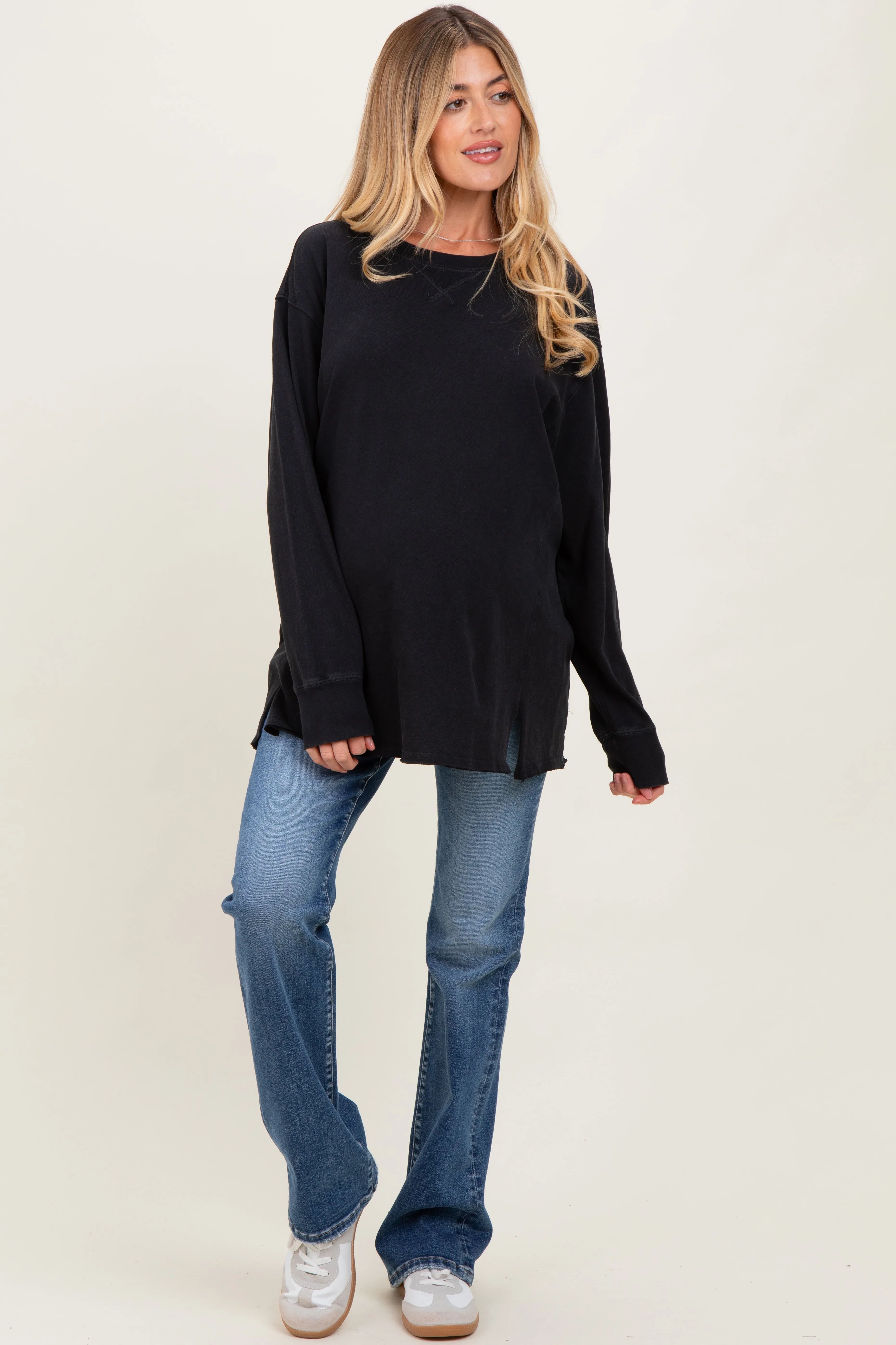 Black Mineral Washed Drop Shoulder Long Sleeve Maternity Top sold by Pinkblush product image thumbnail 2