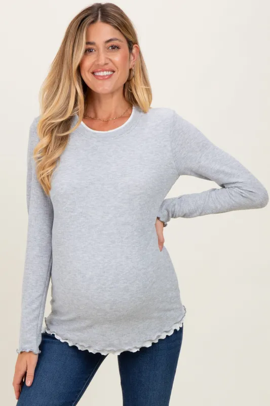 Heather Grey/White Ribbed Long Sleeve Maternity Twofer Top sold by Pinkblush