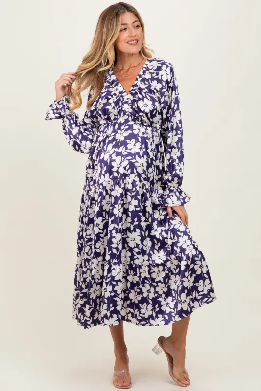 Navy Floral Tiered Ruched V-Neck Satin Maternity Maxi Dress sold by Pinkblush
