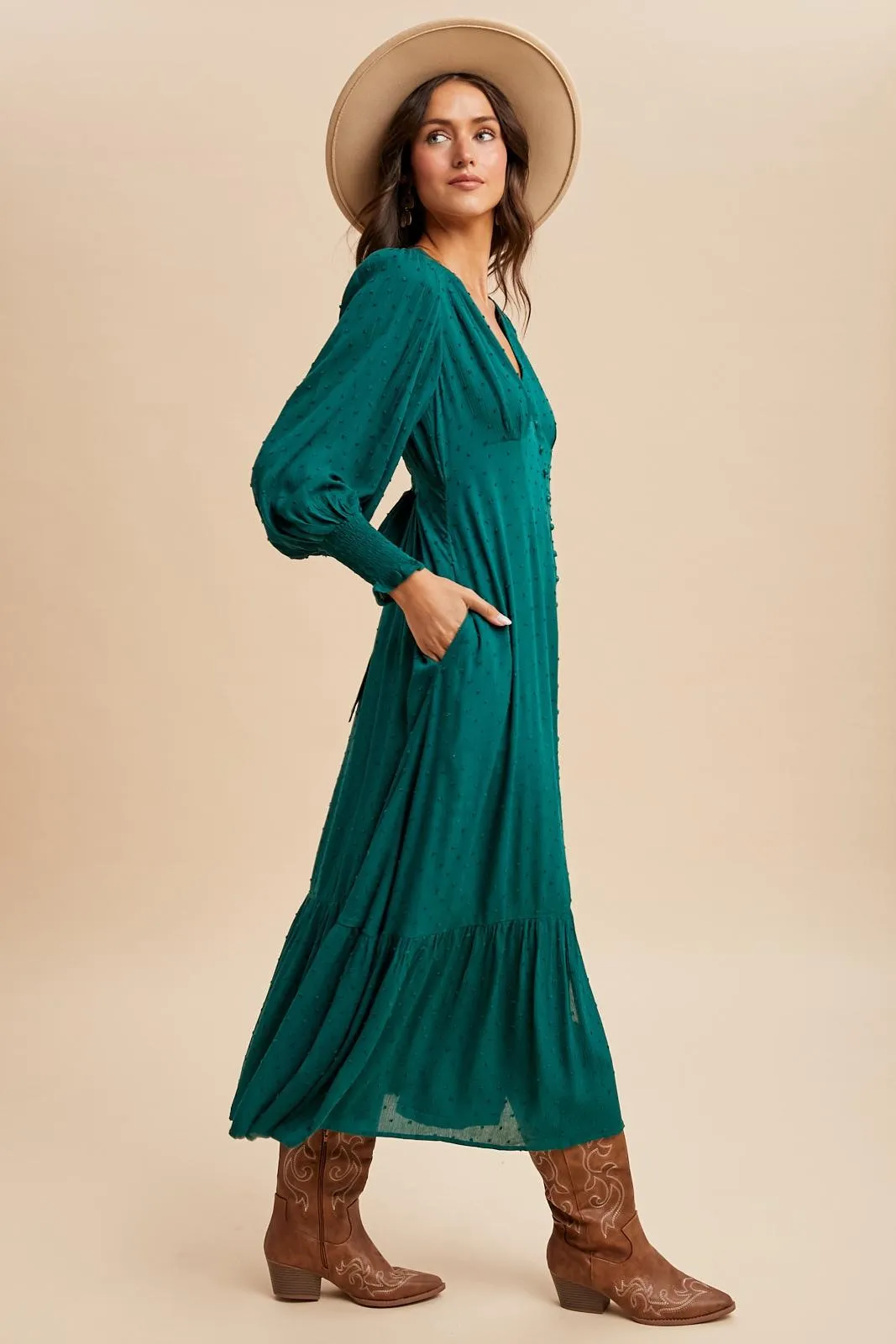 Evergreen Swiss Dot Button Down Maxi Dress sold by Pinkblush product image thumbnail 3