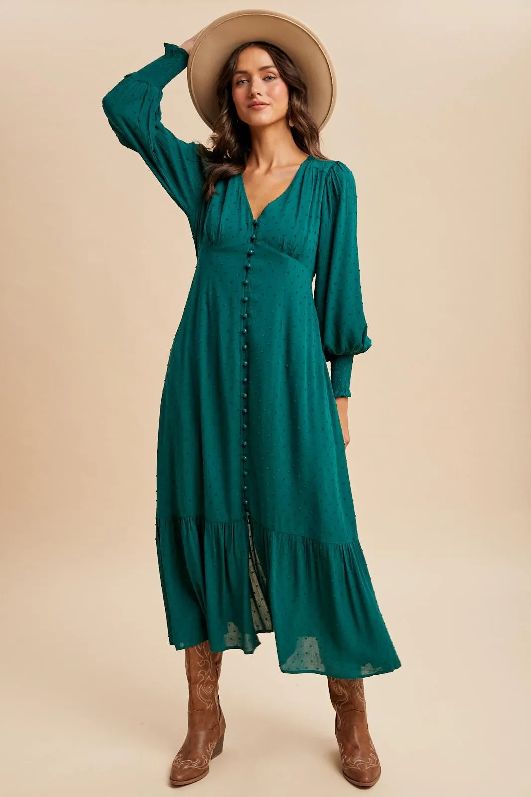 Evergreen Swiss Dot Button Down Maxi Dress sold by Pinkblush product image thumbnail 2