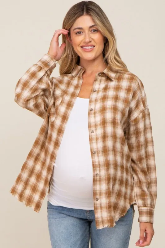 Mocha Plaid Button Up Raw Edge Maternity Flannel Top sold by Pinkblush