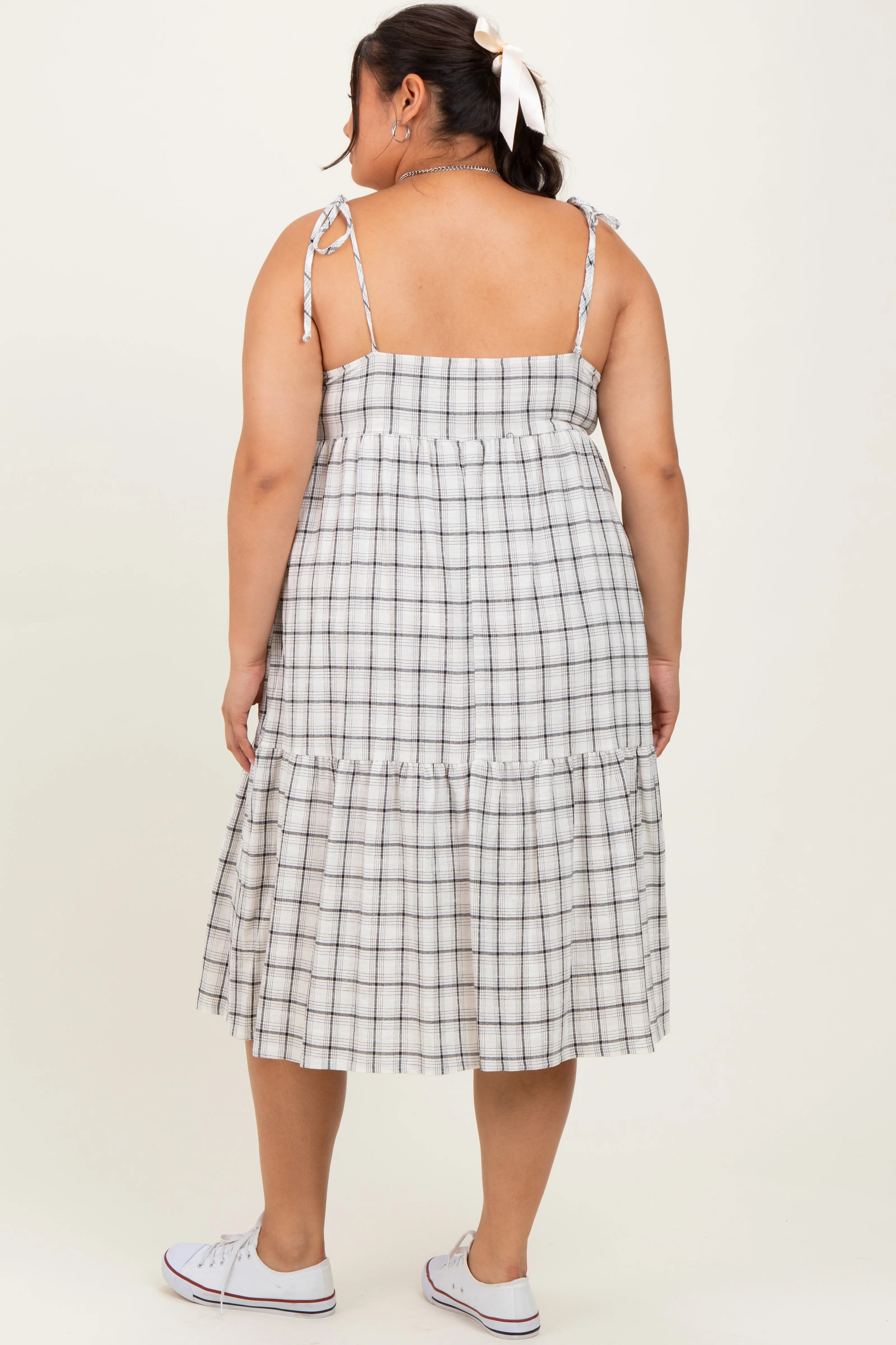 Ivory Plaid Shoulder Tie Plus Midi Dress sold by Pinkblush product image thumbnail 4