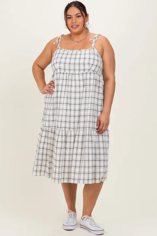 Ivory Plaid Shoulder Tie Plus Midi Dress sold by Pinkblush