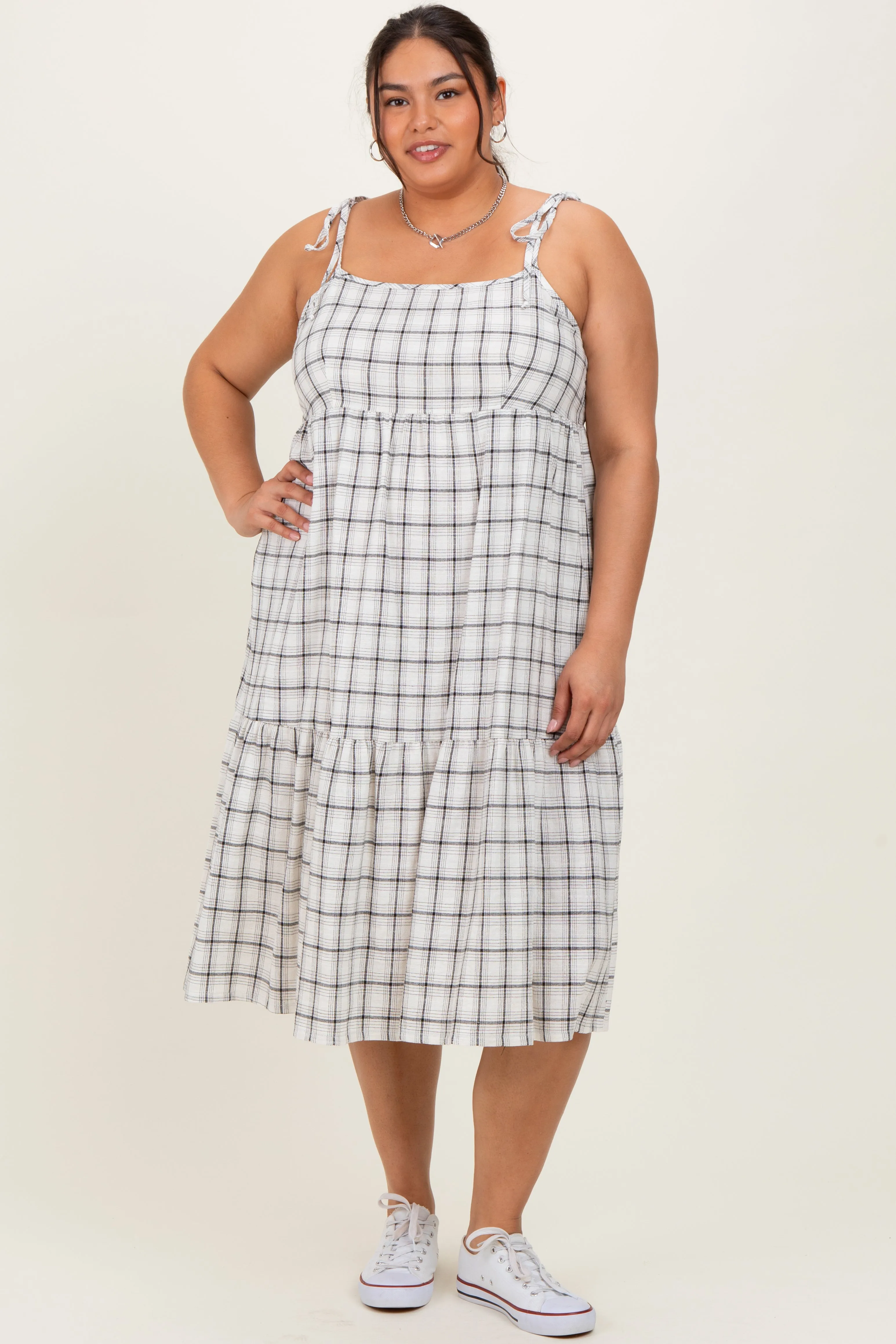 Ivory Plaid Shoulder Tie Plus Midi Dress sold by Pinkblush